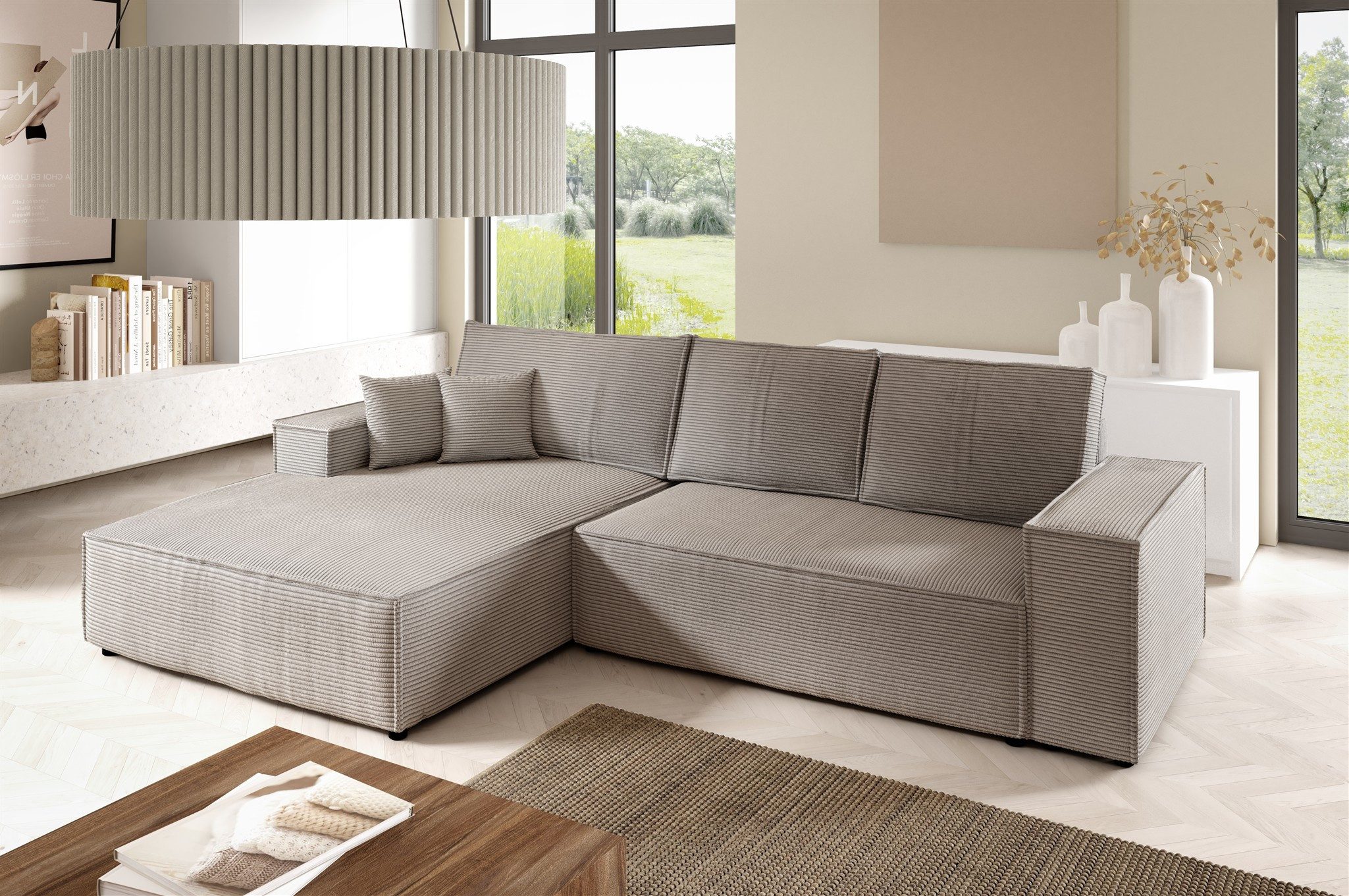 Fun Möbel Ecksofa Schlafsofa Sofa CORUNIA in Stoff Poso, Ottomane Links oder Rechts, Bettkasten, Rundumbezug