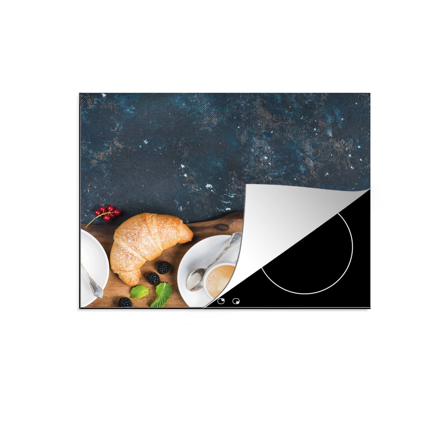 MuchoWow Herdblende-/Abdeckplatte Croissant - Obst - Kaffee - Küche, Vinyl, (1 tlg), 59x51 cm, Induktionsschutz, Induktionskochfeld, Ceranfeldabdeckung