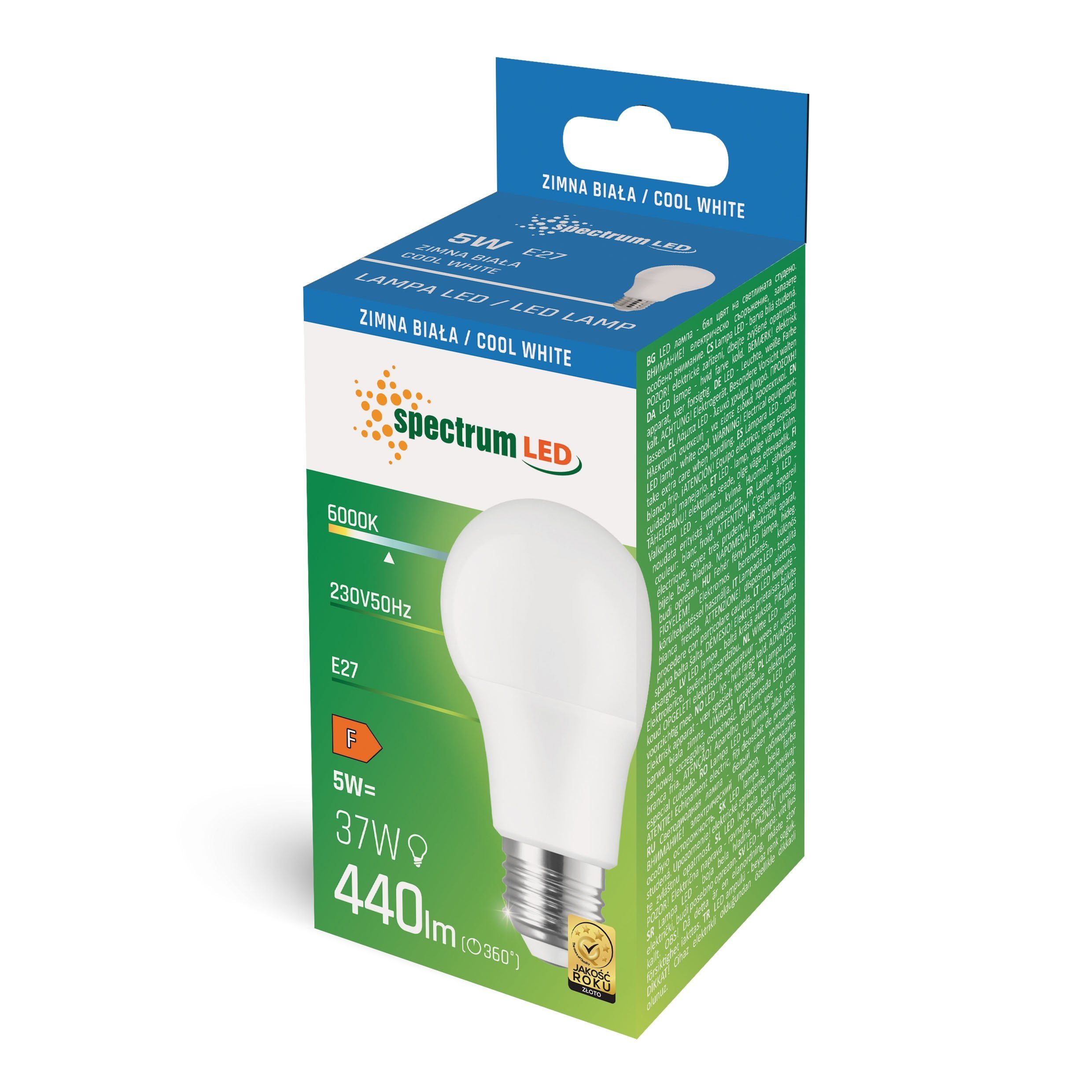 A5 Kaltweiß E27 37W LED LED 5W 6000K, E27, Birne spectrum Spectrum Kaltweiß 270° LED-Leuchtmittel = 230V 440lm