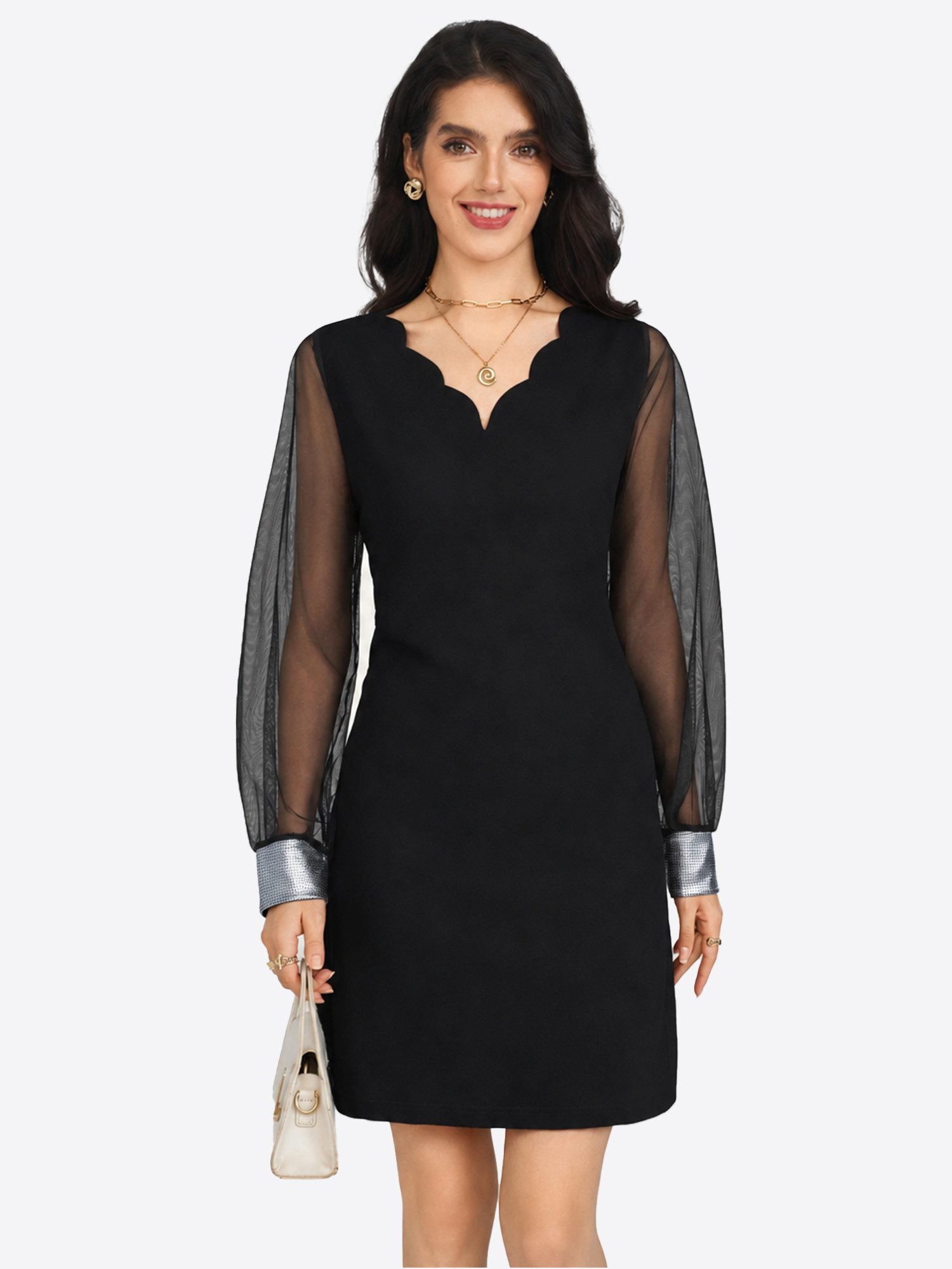 Imily Bela Cocktailkleid Damen Partykleid mit Netz-Ärmeln und Pailletten-Manschetten (Packung, 1-tlg., 1per-Pack) Muschelkragen-V-Ausschnitt