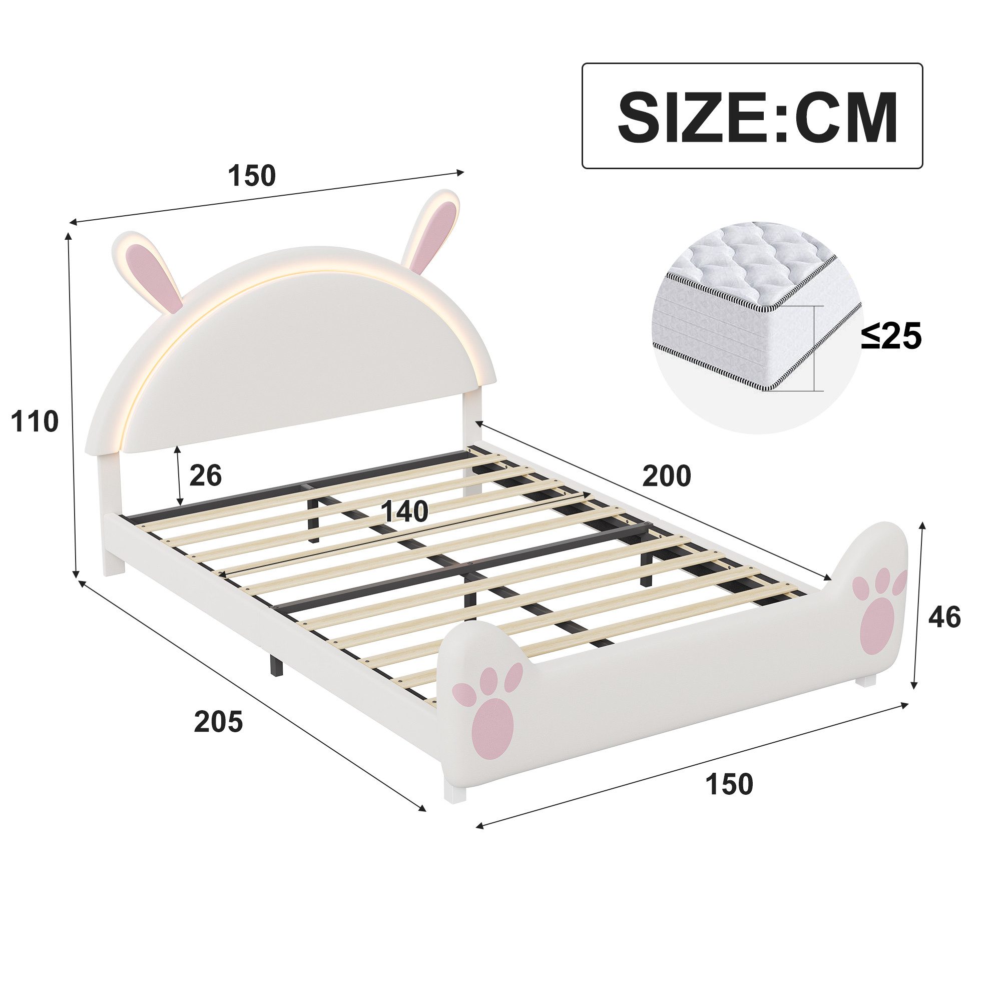 Furnishings Home Kinderbett Polsterbett LED mit Hasenohren Kopfteil 90x200 cm (1-tlg., LED Beleuchtung steuerbar per App/Fernbedienung), Doppelbett mit Hasenohren Kopfteil und Lattenrost, Samt