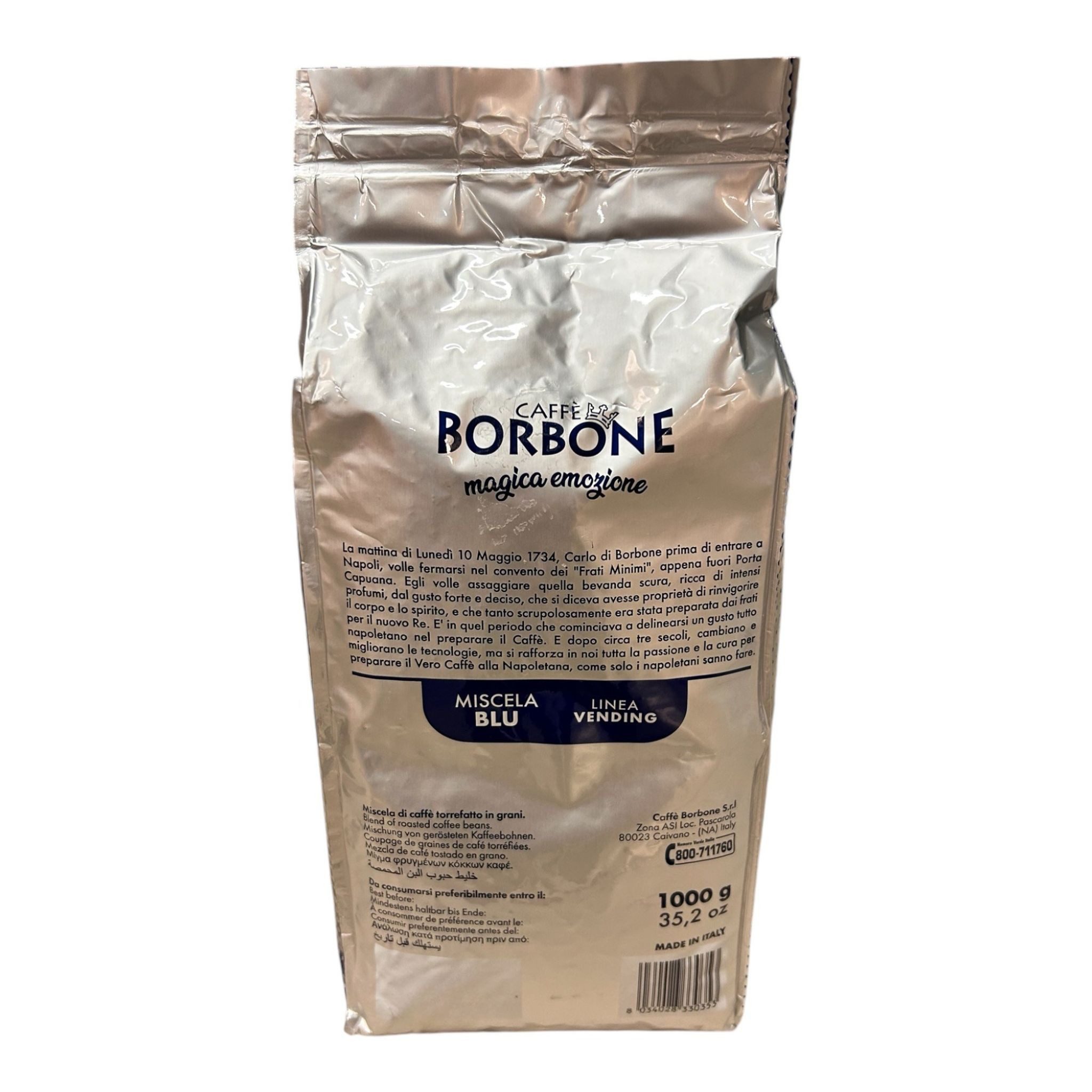 Caffè Borbone Kaffee Caffè Borbone Miscela Blu 1 Kg Kaffeebohnen, 1 x (60 % Arabica und 40 % Robusta, 1000g Röstkaffee, neapolitanische Röstung vollmundig, cremig)