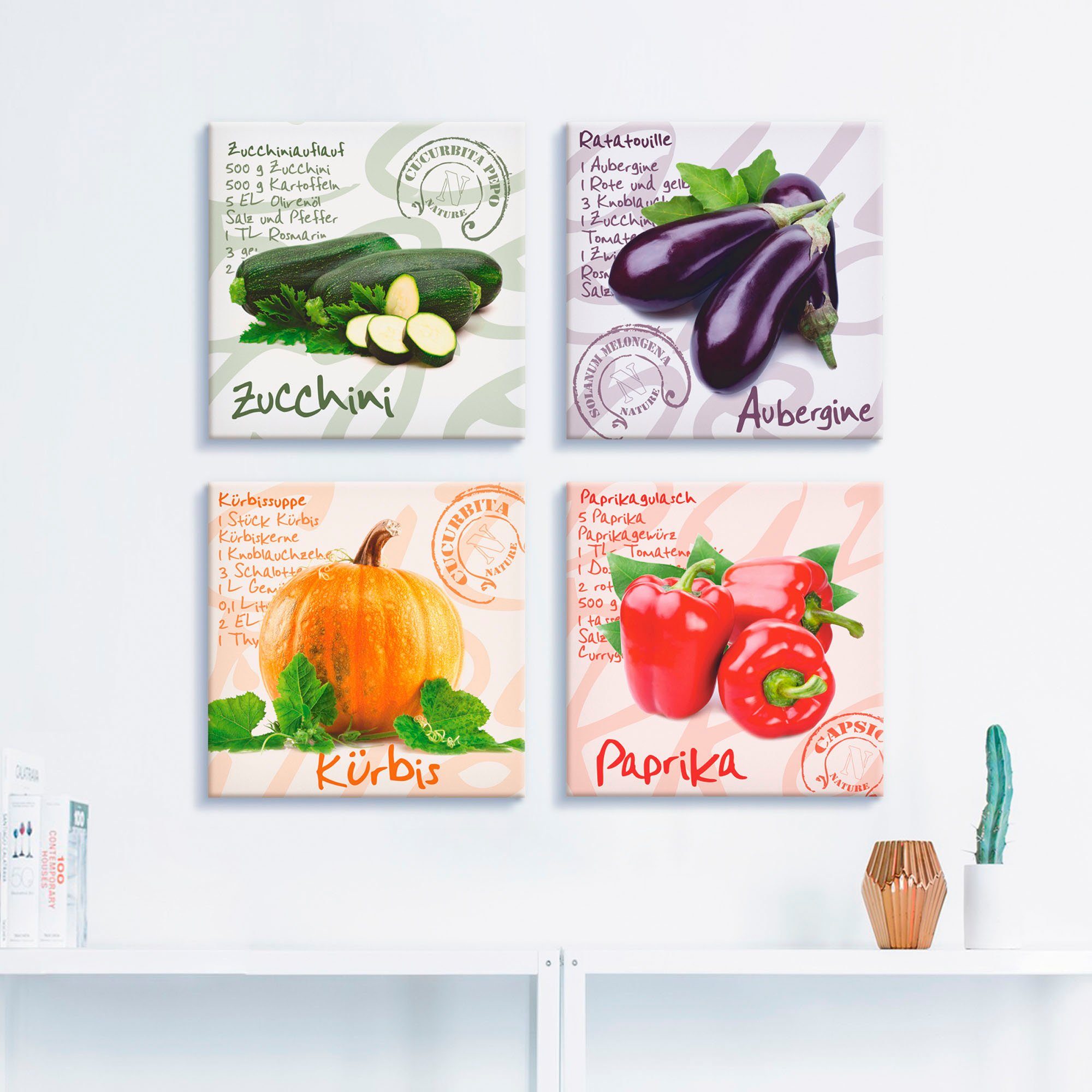 Artland Leinwandbild Zucchini, Aubergine, Kürbis, Paprika, Lebensmittel (4 St), 4er Set, verschiedene Größen