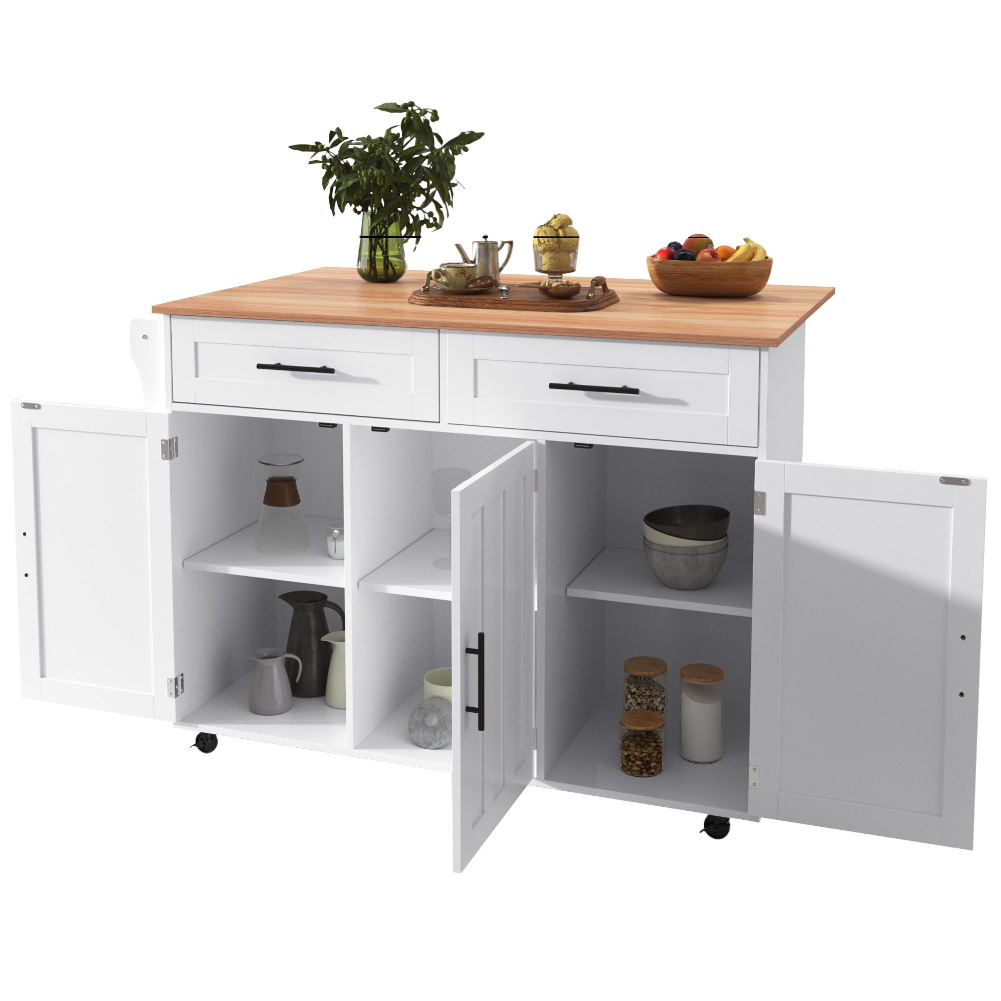 MODFU Sideboard Anrichte Küchenschrank Speisewagen (Kücheninsel mit ausziehbarer Klapptischplatte, verstellbaren Regalen & Besteckschublade., 1 St., 5 Räder, 3 Tür), mit Ausziehbare Arbeitsplatte,Massivholzbeine umschaltbar