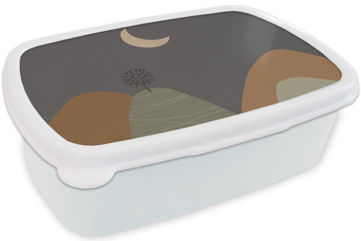 Pastell, weiß Brotbox MuchoWow für Berg - für und Mädchen - Erwachsene, Baum - Jungs Brotdose, Lunchbox (2-tlg), Kunststoff, und Mond Kinder
