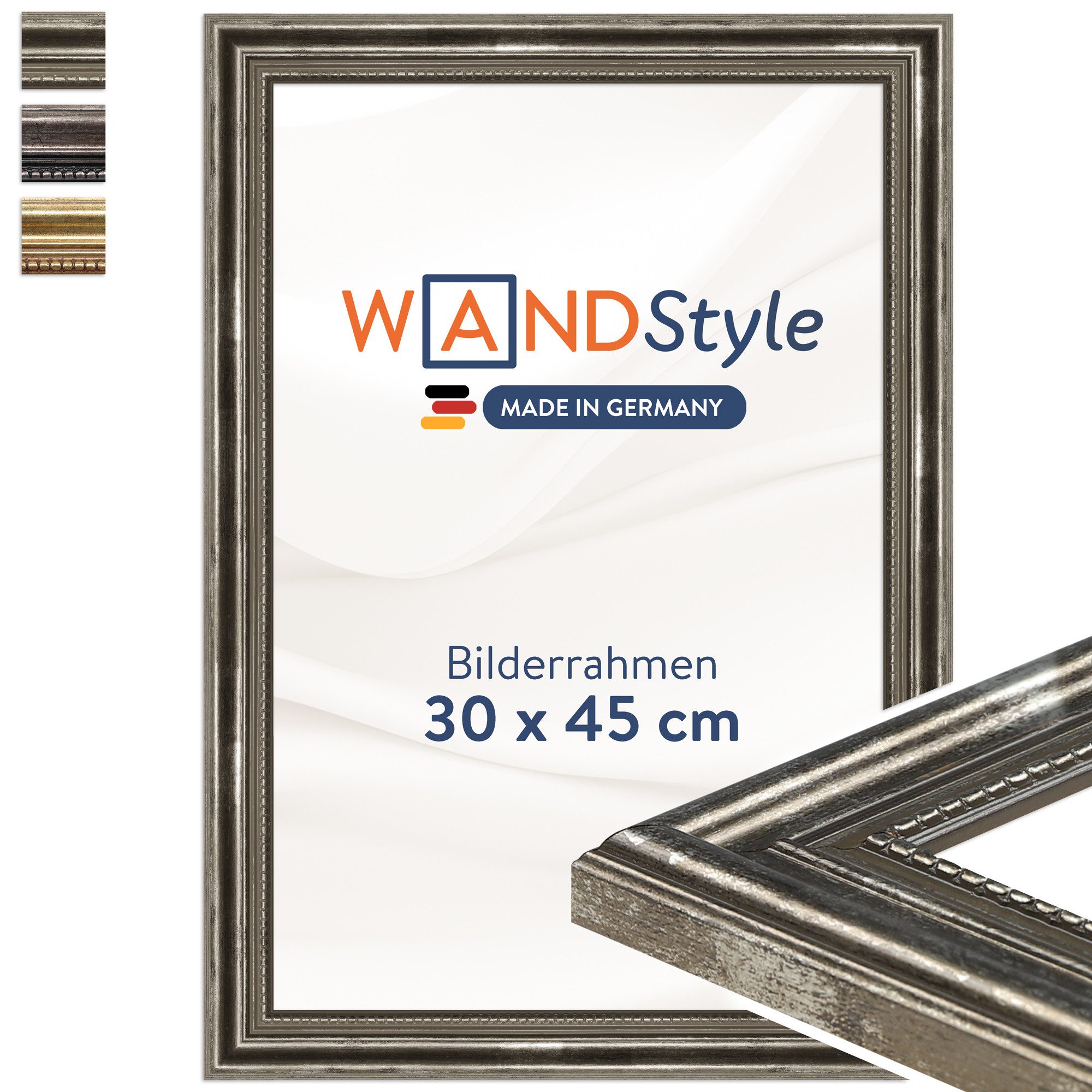 WANDStyle Einzelrahmen H450, Silber Bilderrahmen 30x45 Holz, Vintage Bilderrahmen Silber 30x45 cm