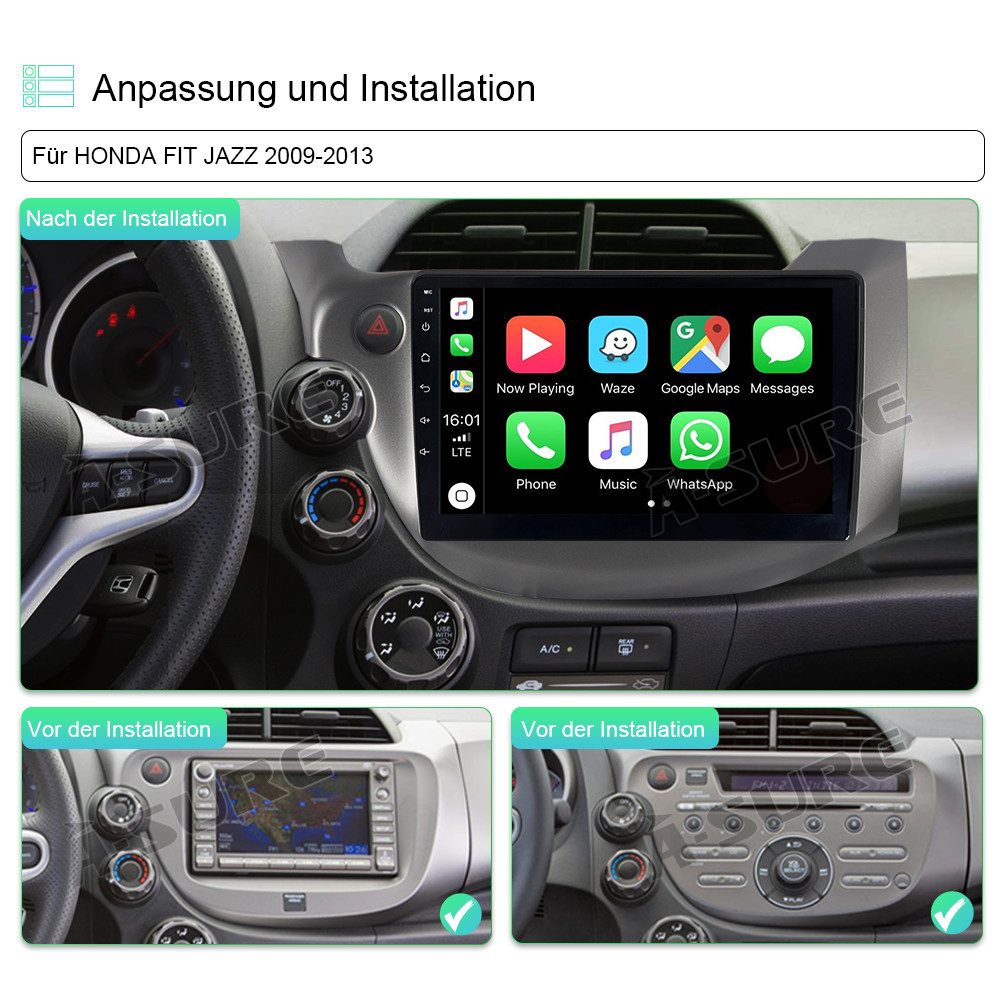 A-Sure Autoradio Android 15 Carplay GPS Navi Für Honda Fit Jazz 2009-2013 Autoradio (Digitalradio (DAB), 4 CORE, 8 CORE, FM, AM)