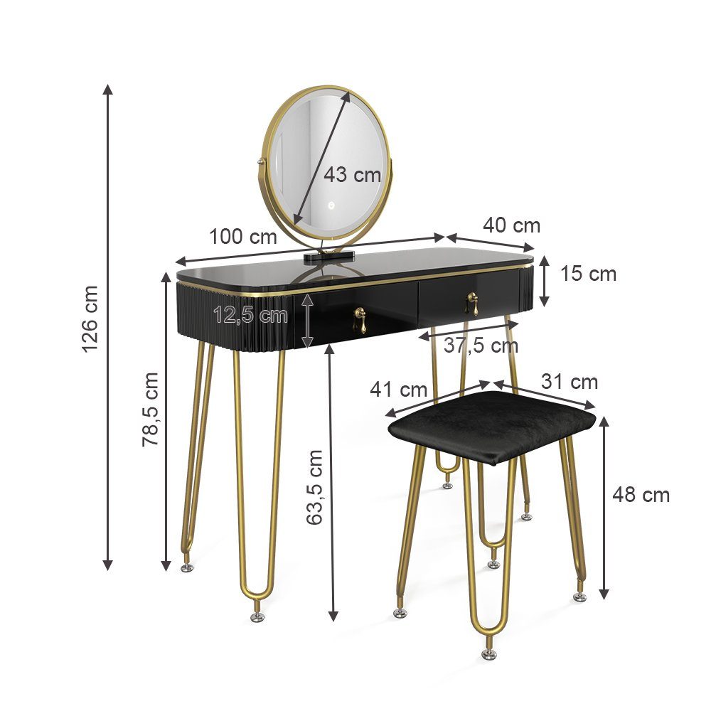 Vicco Schminktisch Grace, Schwarz Hochglanz, 100 cm mit LED Beleuchtung und Hocker (3-St)