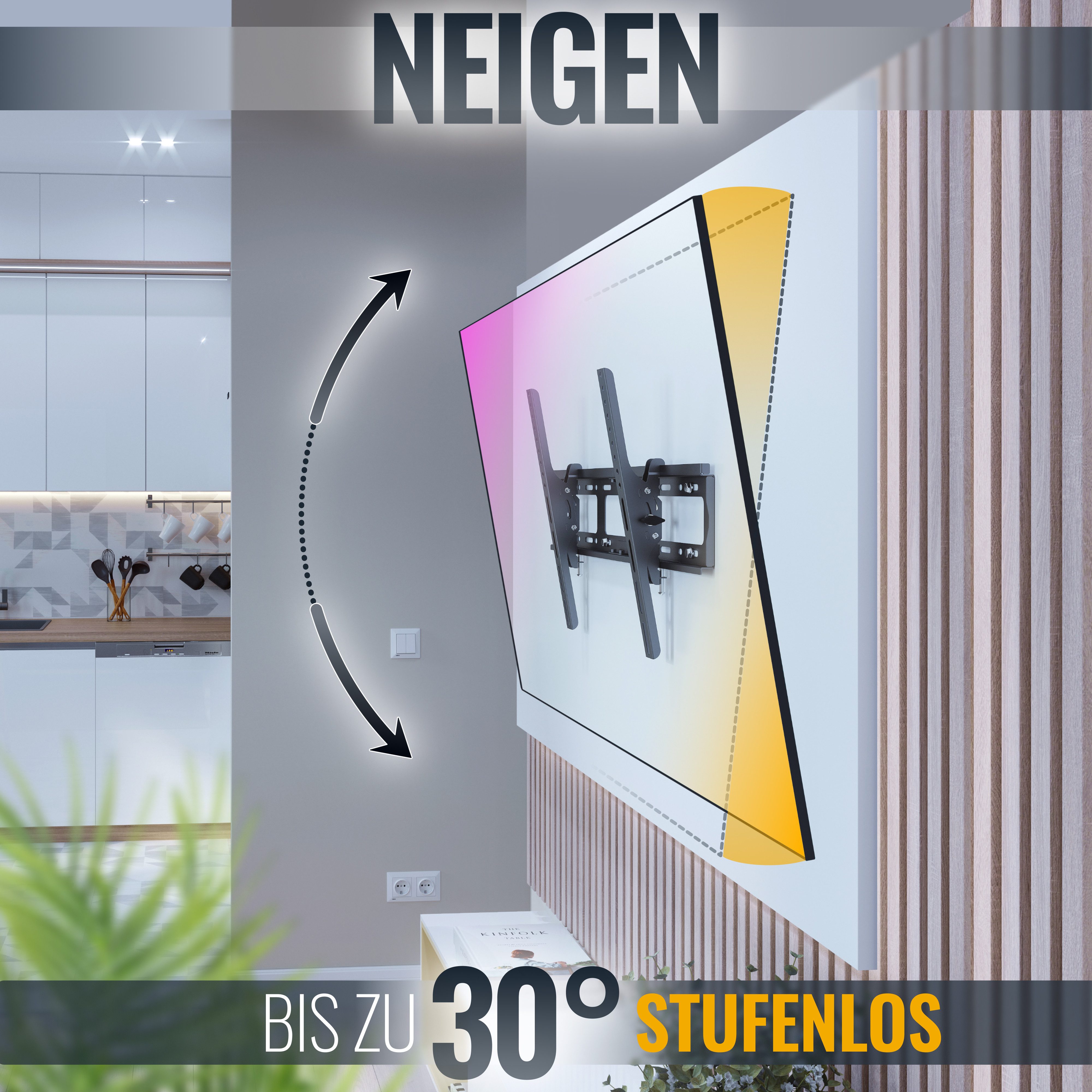 RICOO TV-Wandhalterung TV Wandhalter 30"- 65" max 100 Kg Belastungsgewicht neigbar R17, (bis 65 Zoll, 1-tlg., fest, neigbar, für 30 Zoll/ 876 cm - 65 Zoll/ 165 cm Diagonale stabil, flach bis 30° neigbar Wandabstand 65 mm ultra slim Wand Halterung)