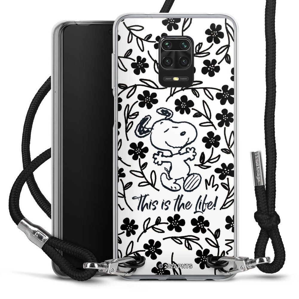 DeinDesign Handyhülle Peanuts Blumen Snoopy Snoopy Black and White This Is The Life, Xiaomi Redmi Note 9s Handykette Hülle mit Band Case zum Umhängen