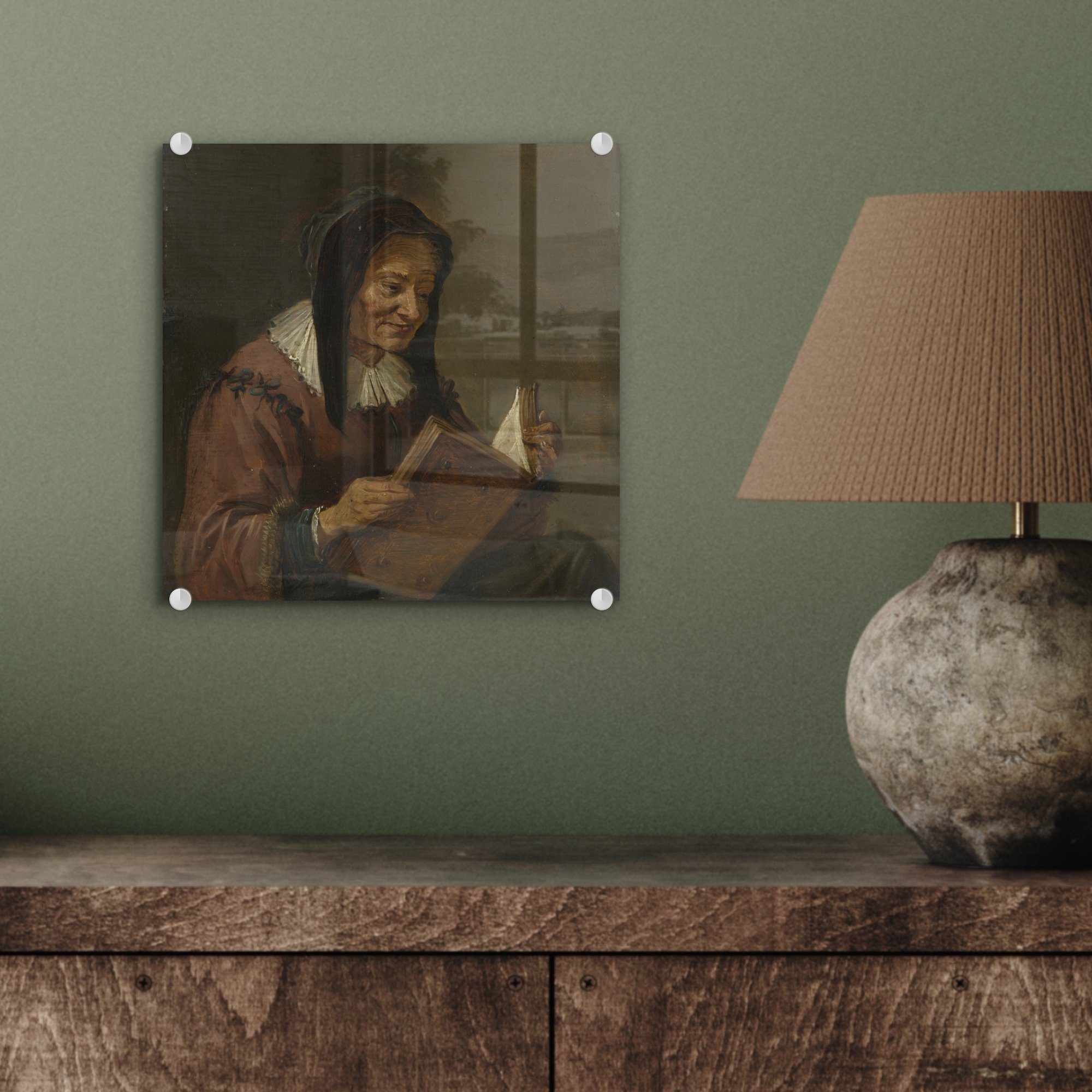 Acrylglasbild - Wandbild Foto auf der St), MuchoWow Jüngere, Glas Teniers - Eine Glasbilder Bilder auf alte Wanddekoration lesende - - Frau Glas David (1