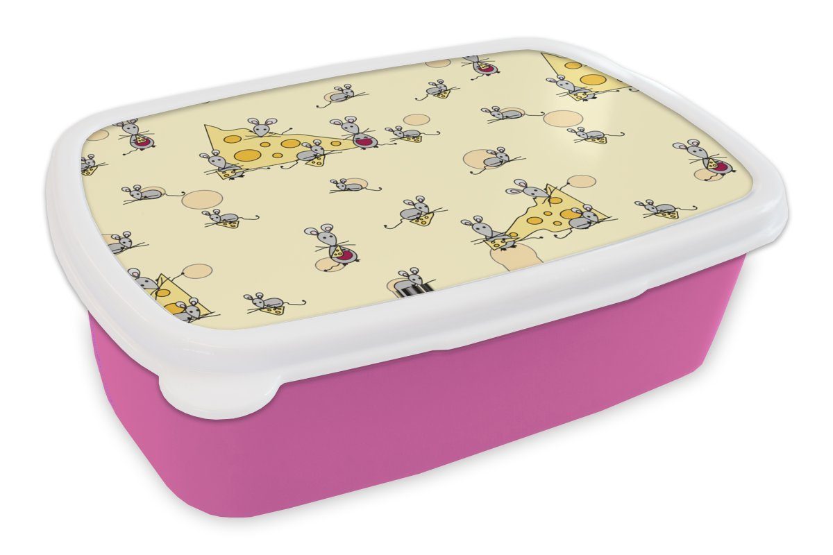 MuchoWow Lunchbox Käse - Tiere - Muster - Mäuse, Kunststoff, (2-tlg), Brotbox für Erwachsene, Brotdose Kinder, Snackbox, Mädchen, Kunststoff rosa