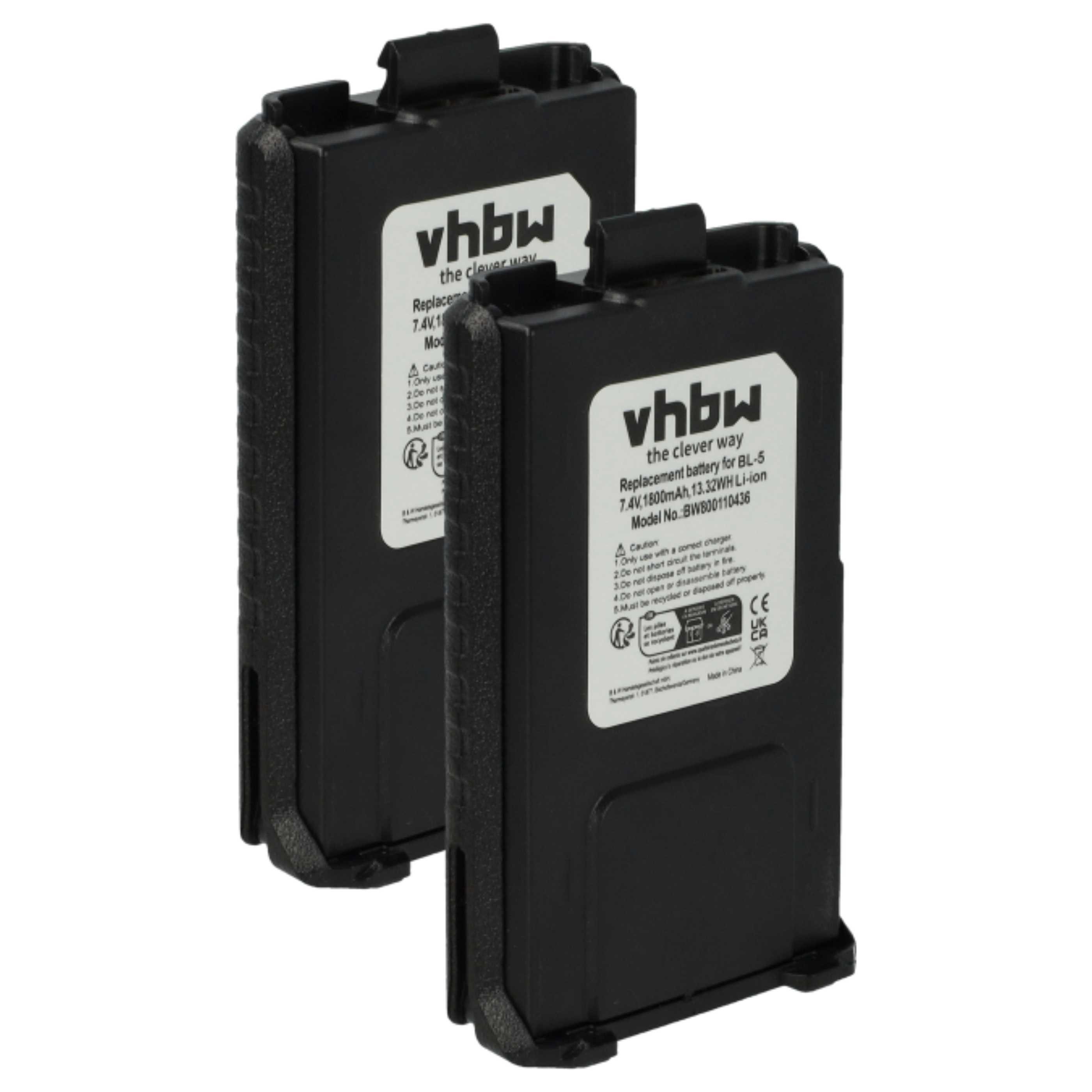 vhbw Akku passend für Baofeng UV-5R, BF-F8, UV-5RA, UV-5RE, BF-F9 Funkgerät Akku Akku Li-Ion 1800 mAh (7,4 V, 2 St), Leistungsfähige Austausch-Akkus für Ihr Funkgerät, Walkie-Talkie