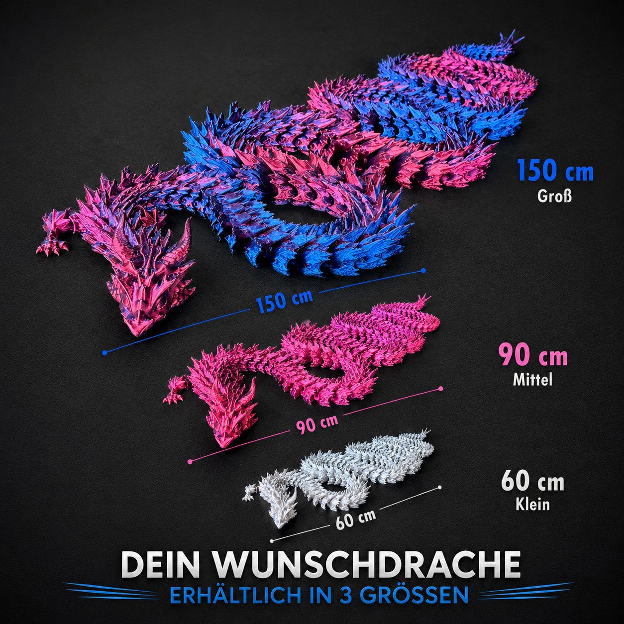 Alpha Electronics Fantasy-Figur Qualitäts-3D-Druck Drache, beweglicher Flexi Drache (Sammlerset, 1 St., Sparangebot), Deko, Geschenk & Sammlerstück, 8 Farben bis zu 150cm Länge