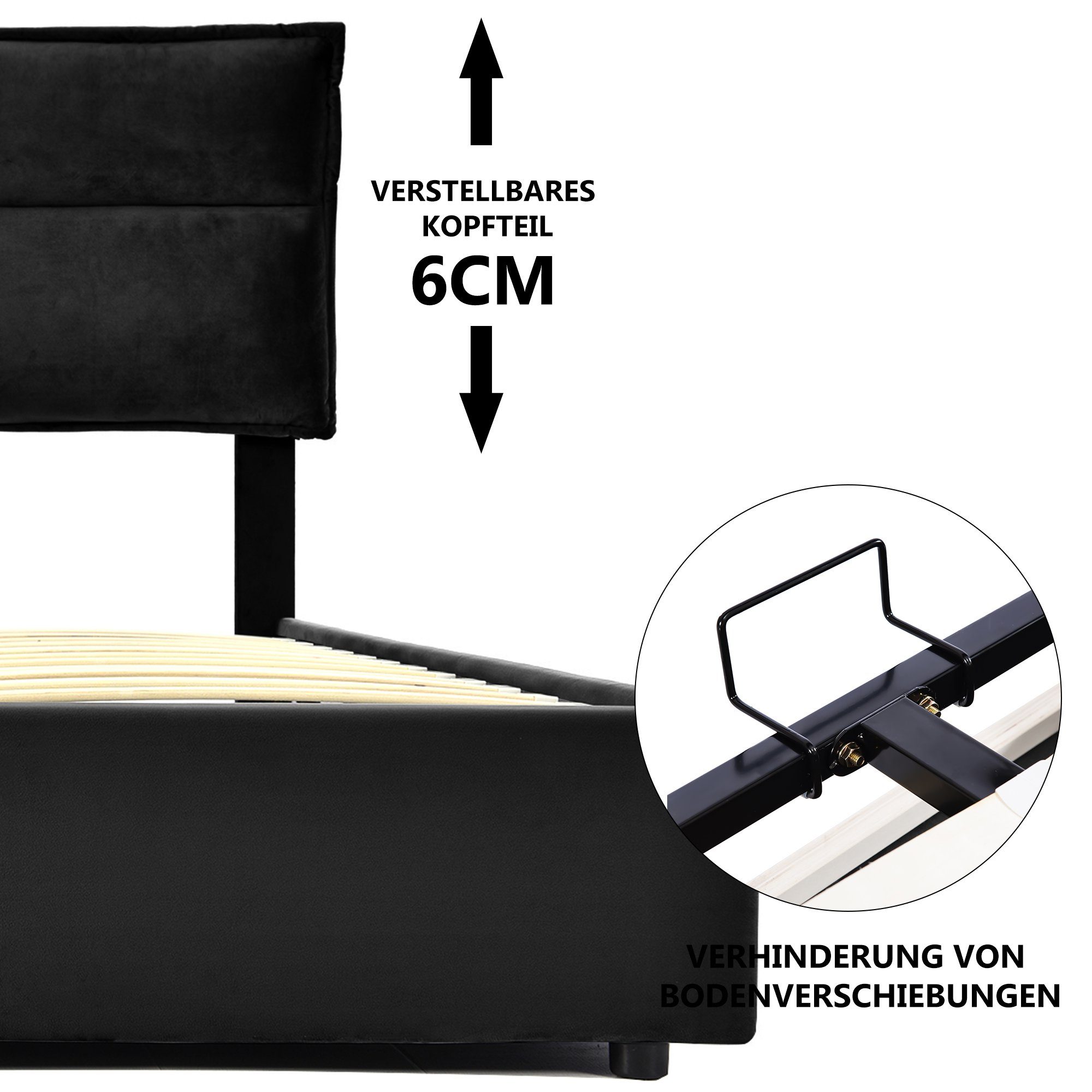 Boxspringbett (Polsterbett Doppelbett mit Lattenrost, Bettkasten und verstellbarem Kopfteil), Hydraulisches Bett Funktionsbett 140x200cm mit Federkernmatratze, Samt