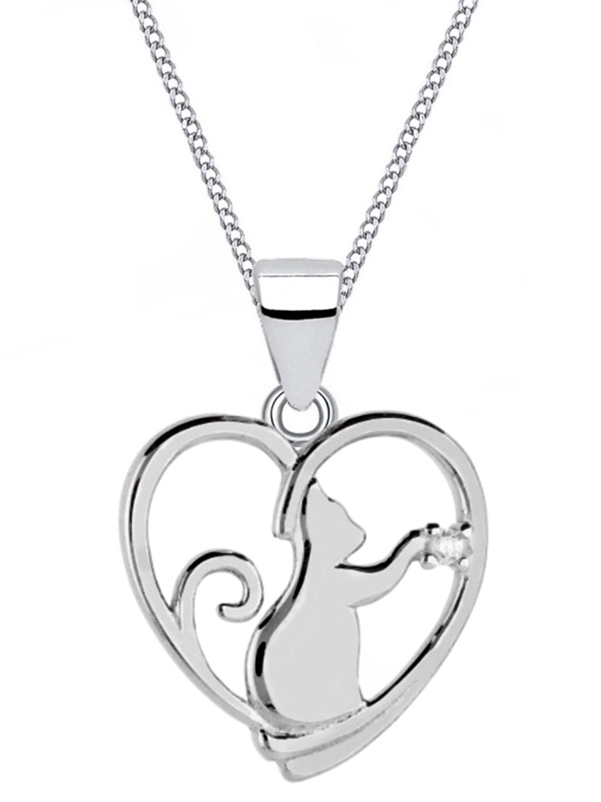Kette mit Anhänger Halskette Silber 925 Katze mit Herz Zirkonia Kater Anhänger Kette