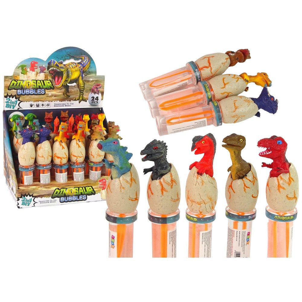 LEAN TOYS Seifenblasenspielzeug Seifenblasenstab Dinofigur Gartenspaß, Dinofigur im Ei, großer Blasring, ab 3 Jahren, EN 71
