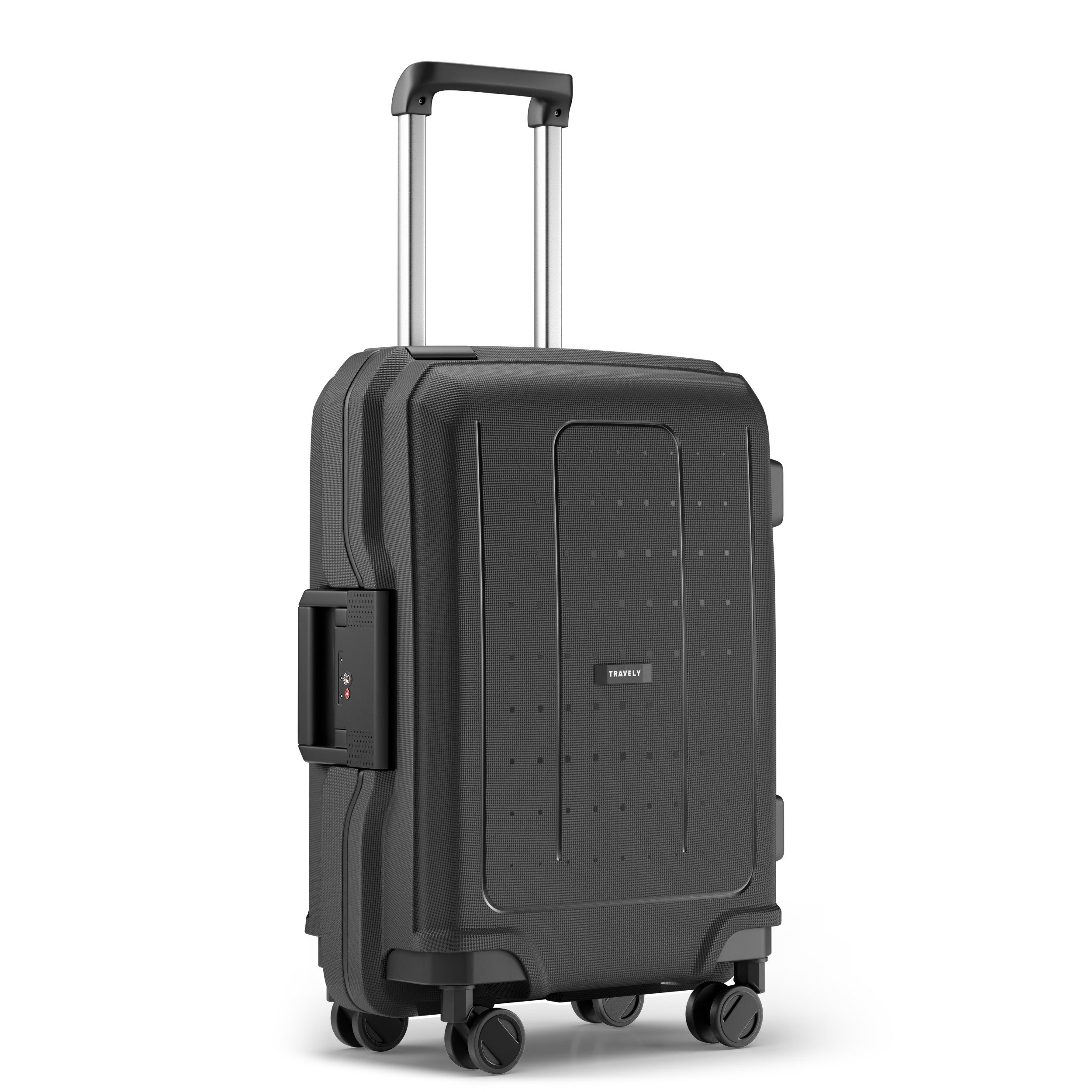 Travely Koffer Polypropylen Handgepäck Koffer 55x40x20cm - für Ryanair Lufthansa etc, 4 Rollen, Designed in Germany, austauschbare Griffe und Rollen