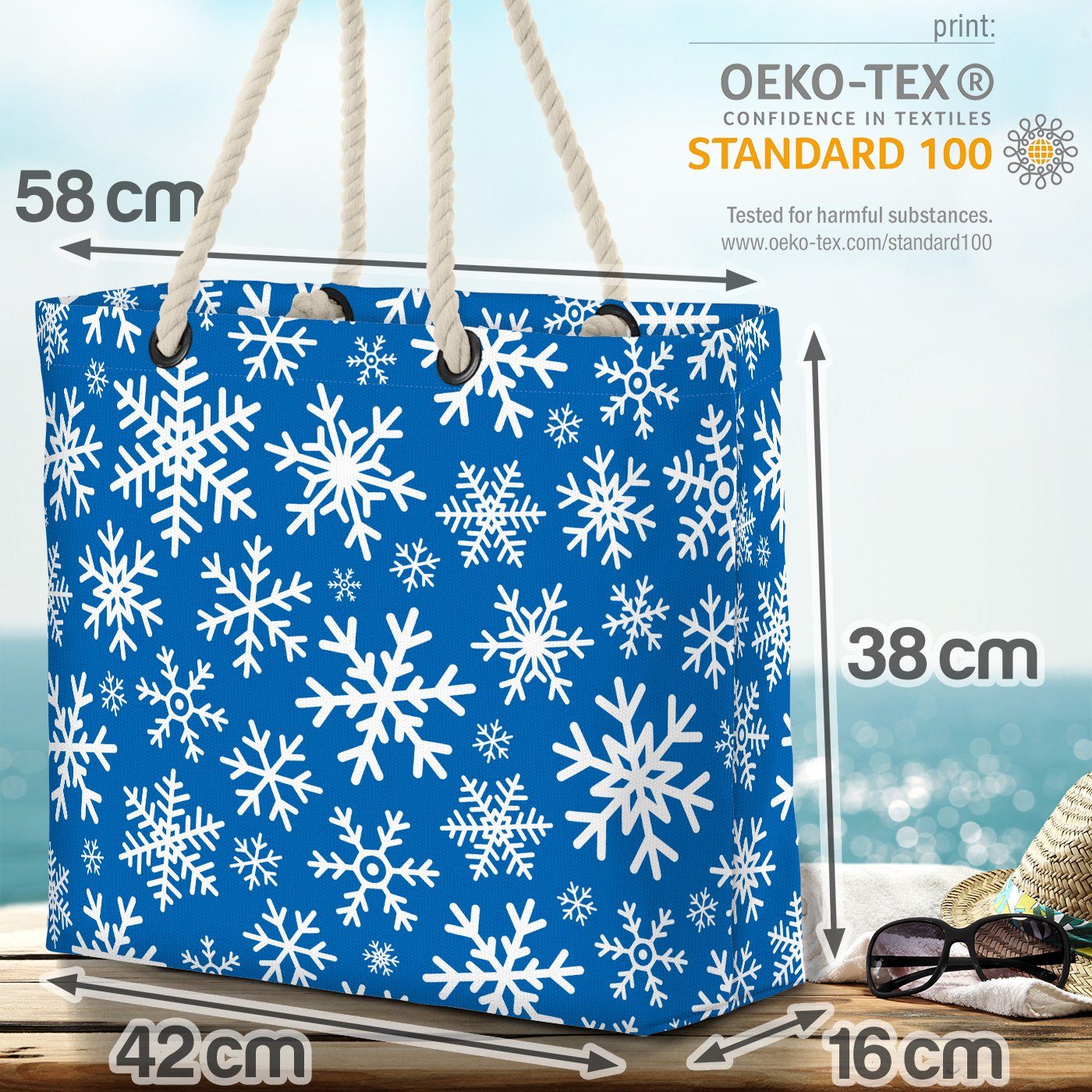 VOID Strandtasche (1-tlg), Schneeflocken Blau Weiss Weihnachten Geschenkpapier Bag Geschenke Beach Winter