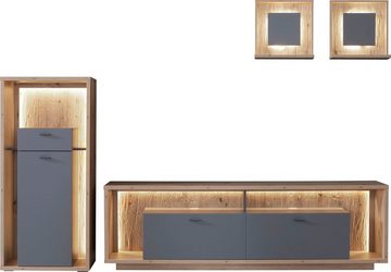 MCA furniture Wohnwand Lizzano, (Set, 4-St), im modernen Landhausstil mit 3-D Rückwand, wahlweise mit Beleuchtung