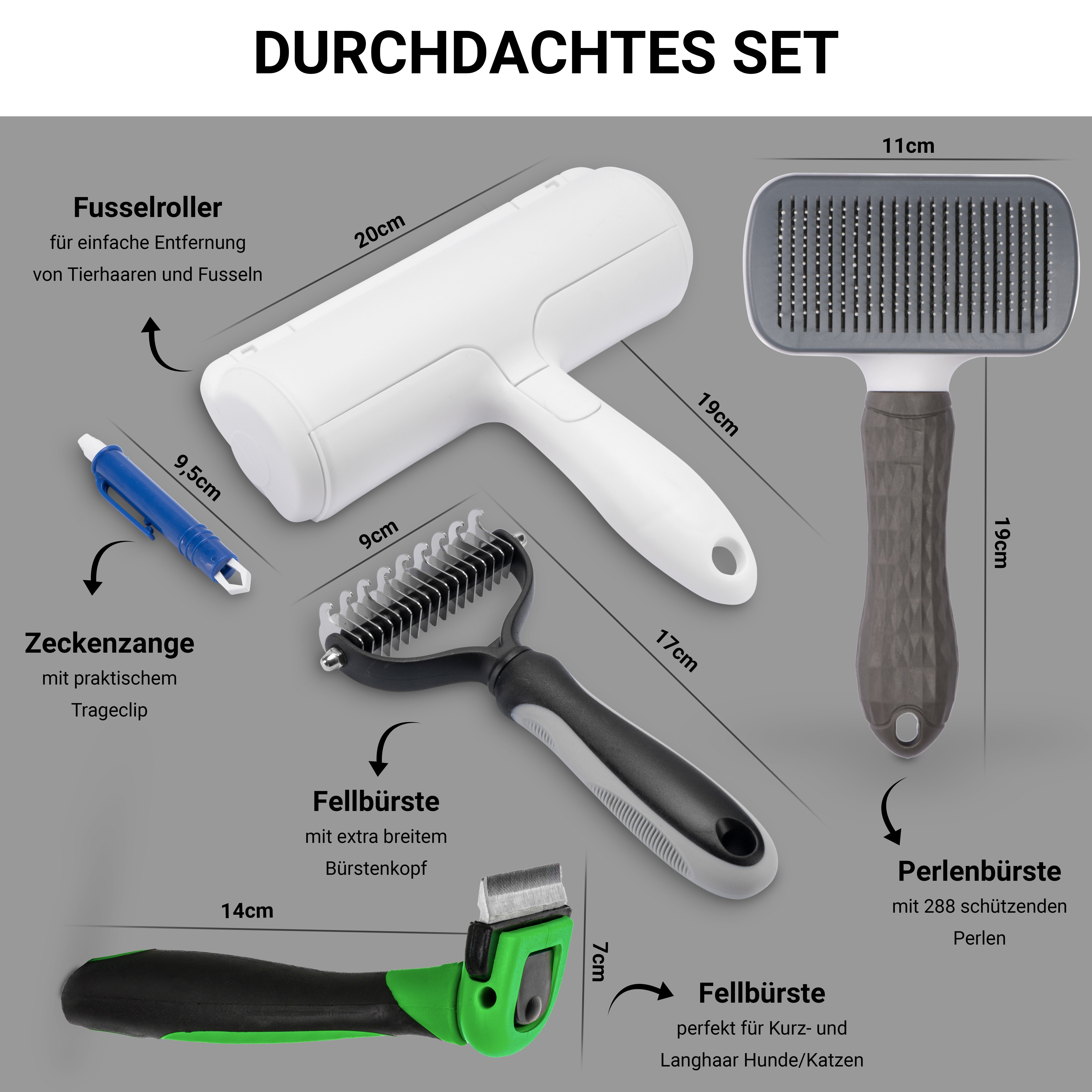 Thumbnail - FinoPet Fellbürste Mega Set Hundebürste Katzenbürste XL Fusselrolle und Zeckenzange, Edelstahl, (Langhaar Kurzhaar Unter...