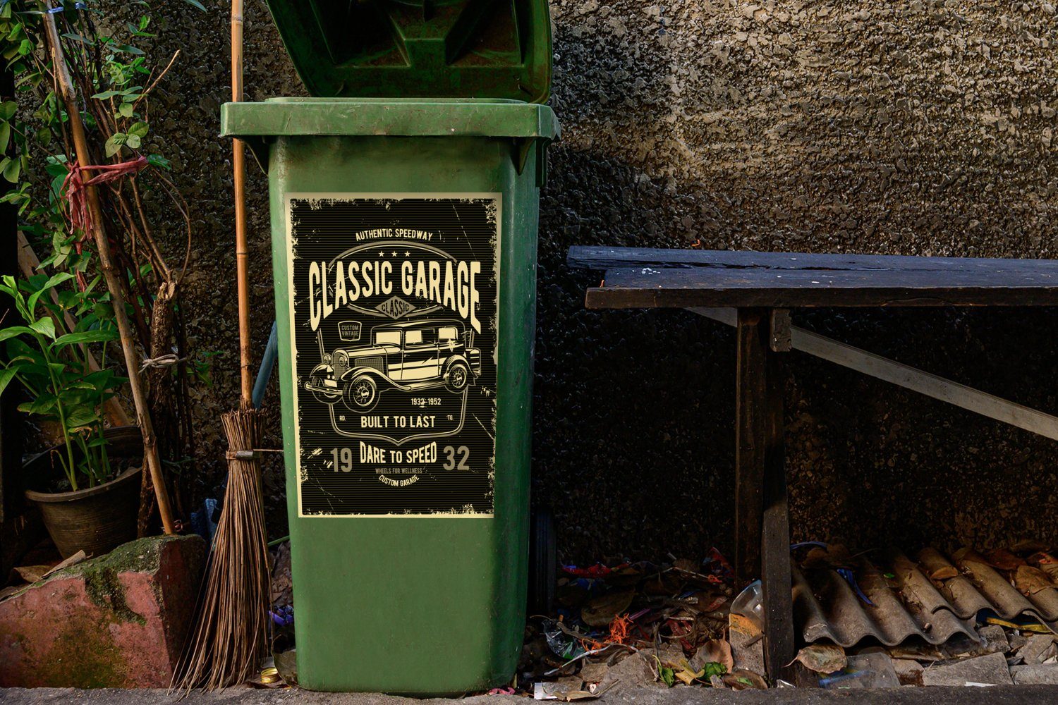 MuchoWow Wandsticker Mancave - - Container, Garage Mülleimer-aufkleber, Abfalbehälter St), Auto Sticker, Retro (1 Mülltonne, 
