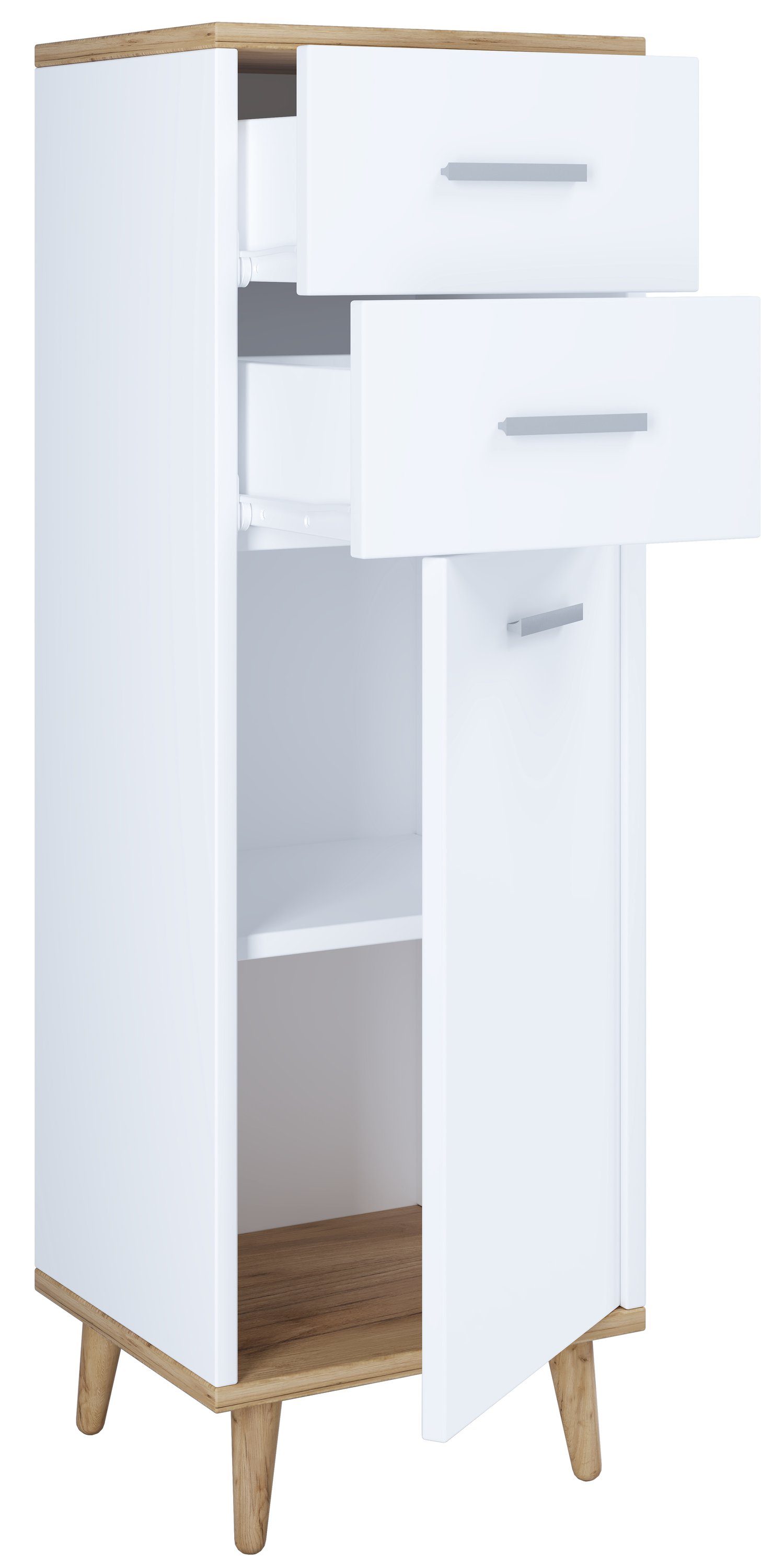 VCM Midischrank Badschrank Landos H. 97 x B. 32 x T. 28 cm Badmöbel Midischrank, 2 Schubladen, 1 Drehtür, 2 Fächer