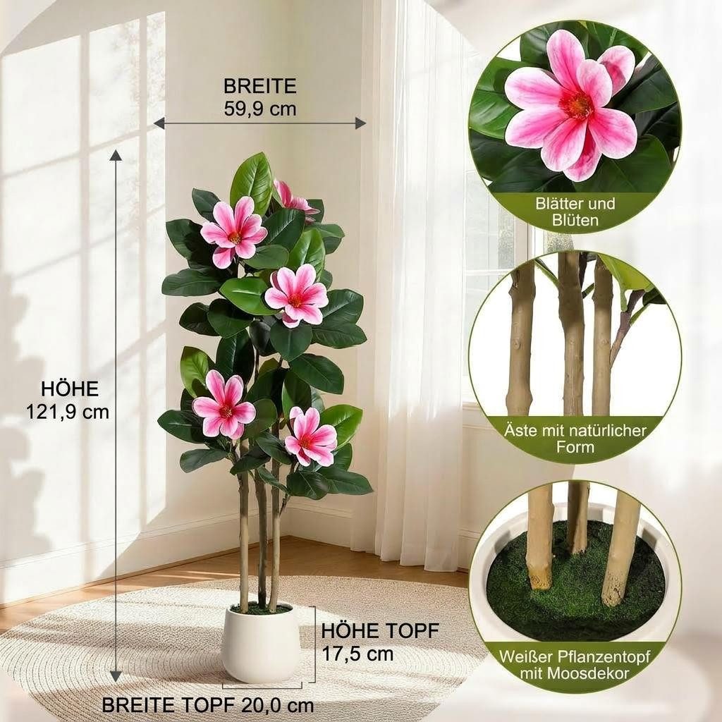 Kunstbaum Künstlicher Magnolienbaum Kunstpflanzen Künstlicher Baum 122/152/182cm, GarveeMore, Höhe 122 cm – Bild 2 von 5