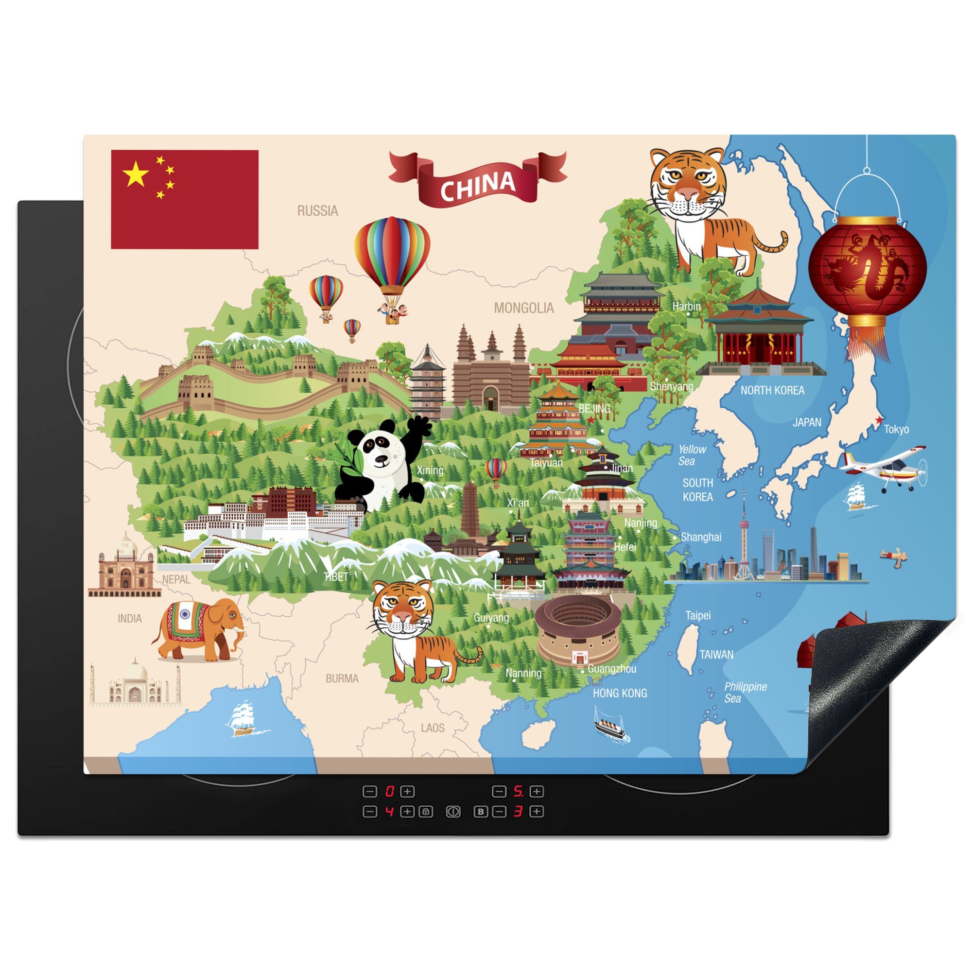 Mobile nutzbar, (1 Ceranfeldabdeckung MuchoWow Cartoon-Illustration 70x52 Arbeitsfläche Herdblende-/Abdeckplatte von cm, tlg), China, einer Karte Vinyl,