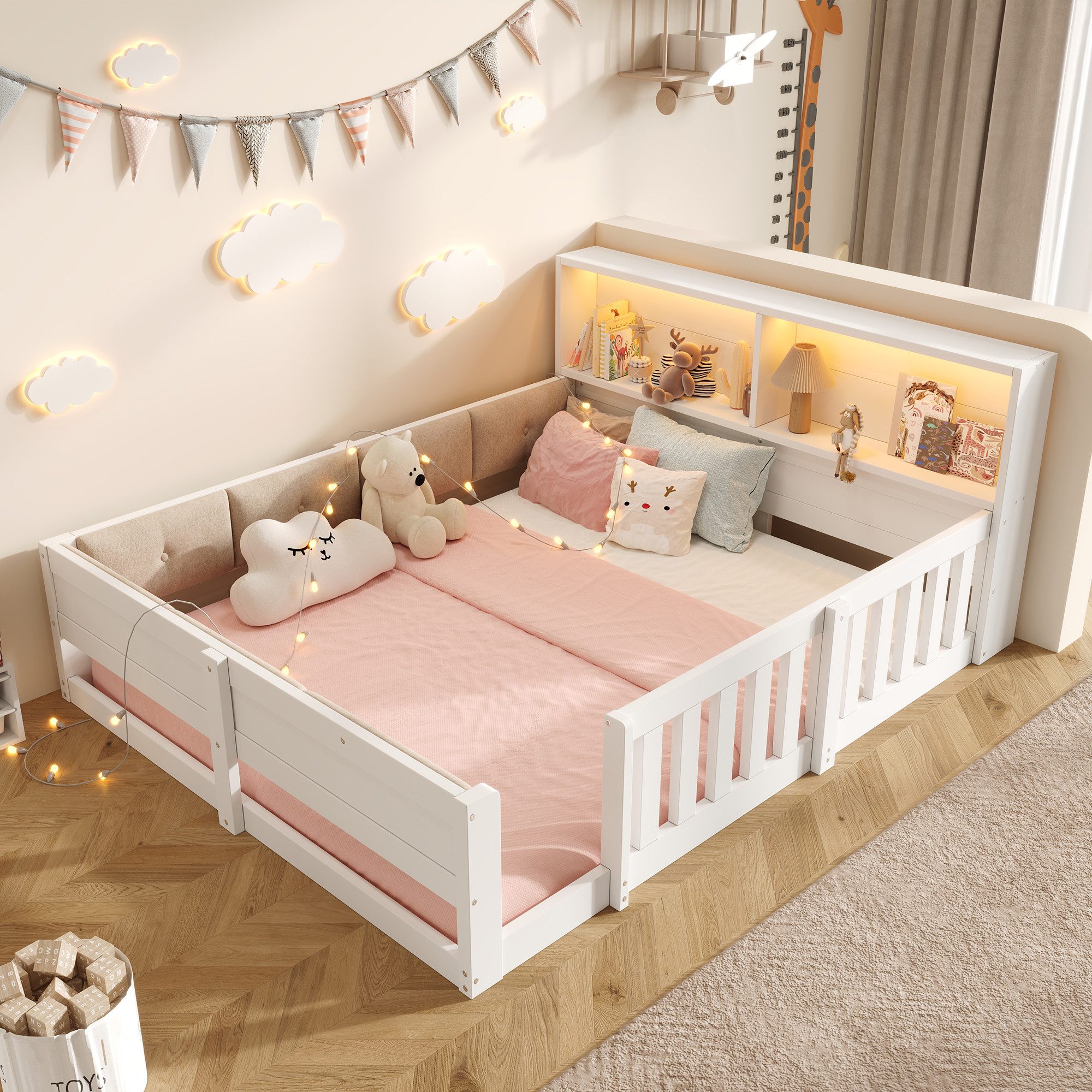 Flieks Holzbett, Kinderbett Bodenbett 140x200cm mit LED-Lichtleiste