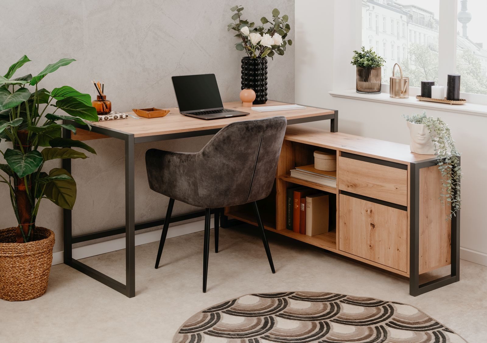 Eckschreibtisch Schreibtisch Portland 37A in Artisan Oak / anthrazit - Eckschreibtisch