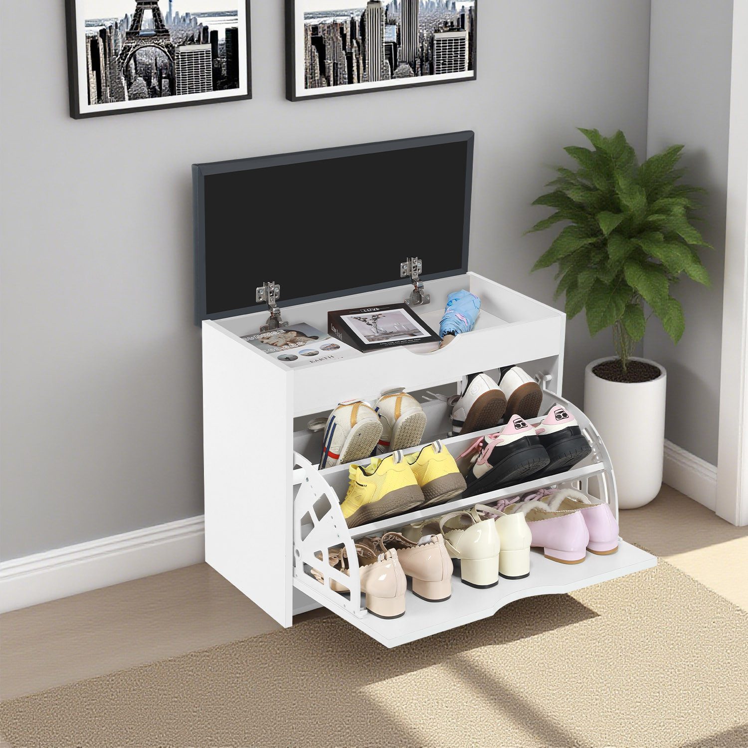 oyajia Schuhbank Schuhregal mit Sitzpolster 60x48x30cm (Flurbank mit Sitz aus Kunstleder), Schuhschrank mit 1 Klappen,Schuhregal für Eingangsbereich