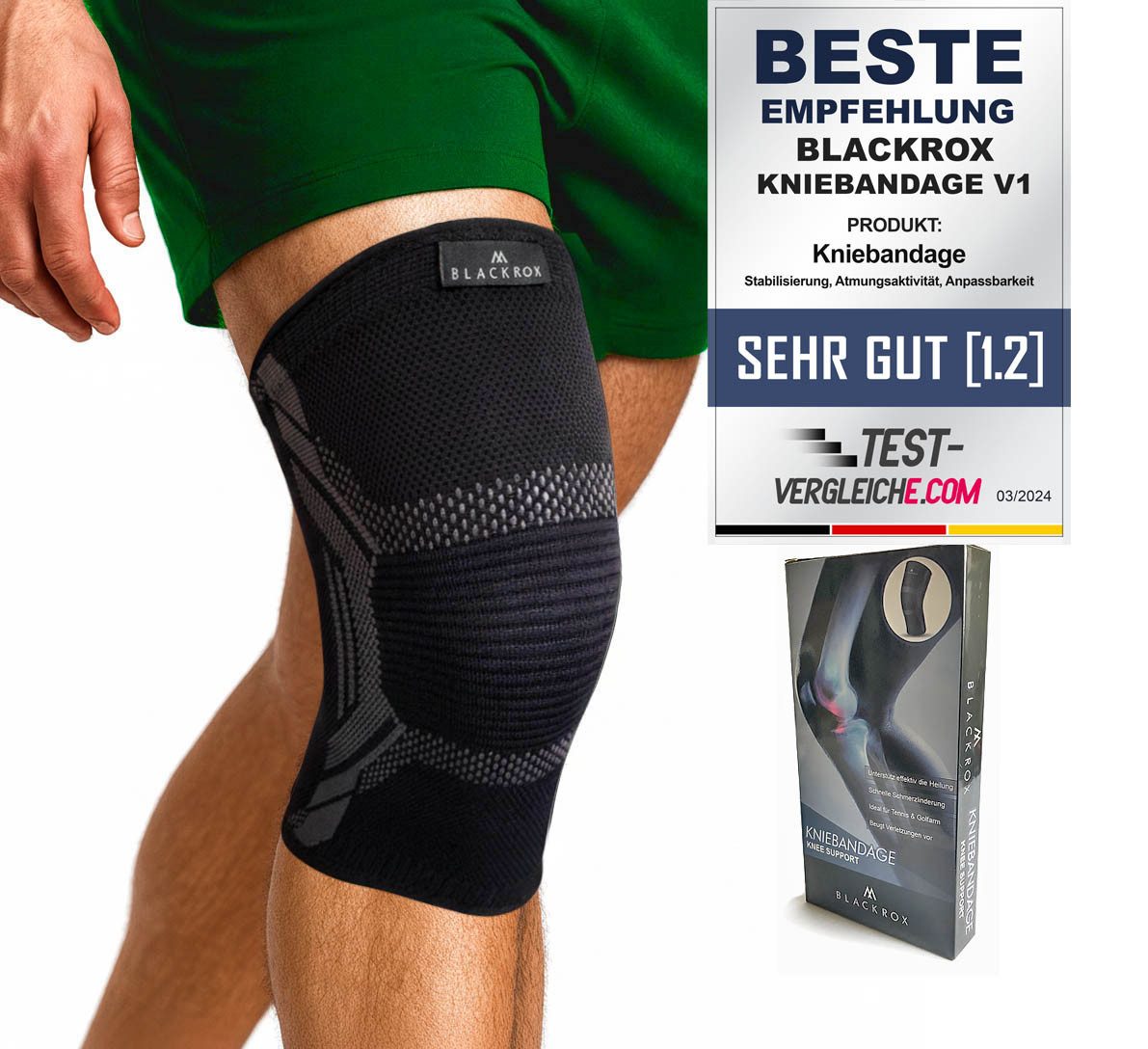 BLACKROX Kniebandage [Vergleichssieger 2024] Gr. S-XL, V1, Damen & Herren