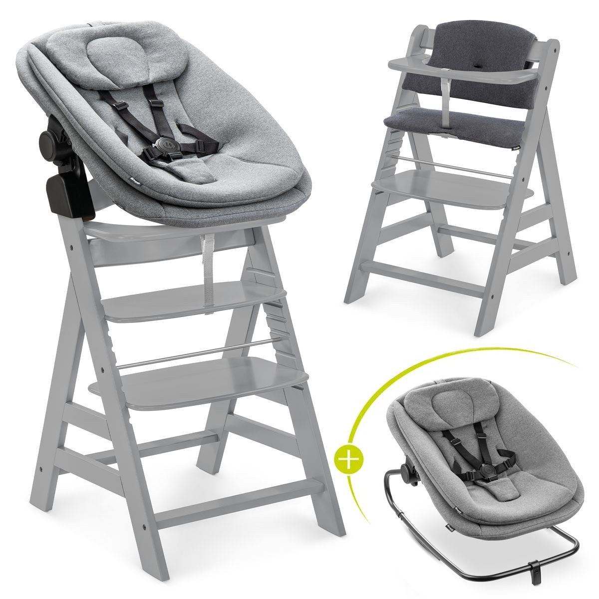 Hauck Hochstuhl Alpha Plus Grey Newborn Set (Set), Holz Babystuhl ab Geburt inkl. Aufsatz für Neugeborene & Sitzauflage