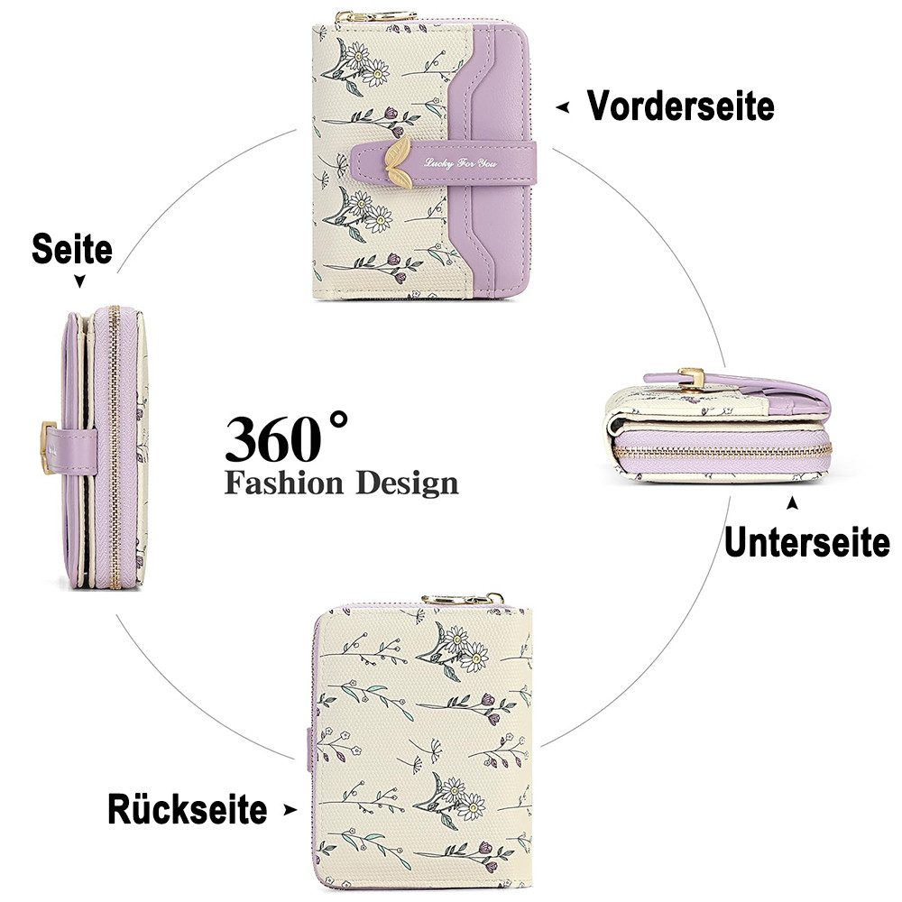 Zaewry Geldbörse Kleine Damen Geldbörse,modisch, niedlicher Margeriten-Aufdruck, Leder, Bifold, kompakt, RFID-geschützt, mit Reißverschlusstasche
