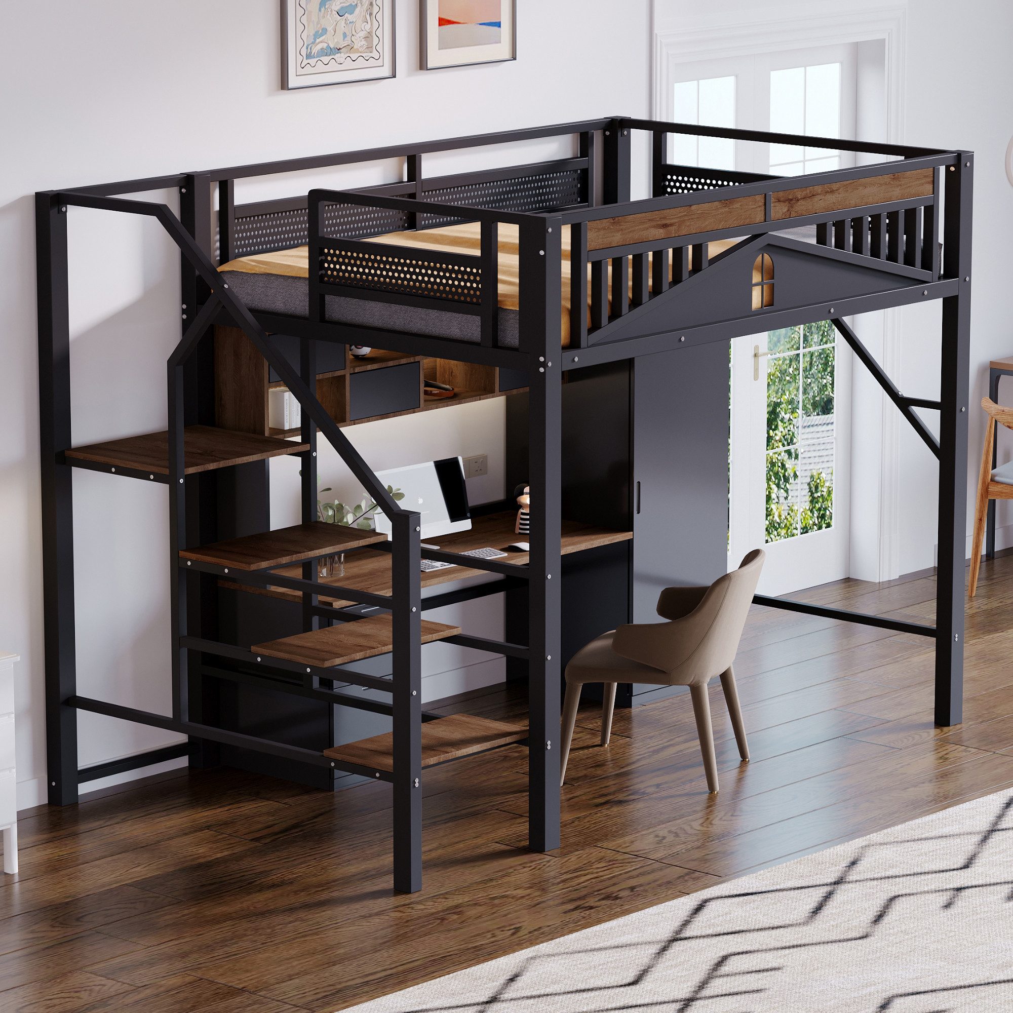 Merax Hochbett (1-St., Eisenbett Jugendbett) Metallbett Jugendbett Kinderbett 140x200cm mit Treppe Zaun Stauraum