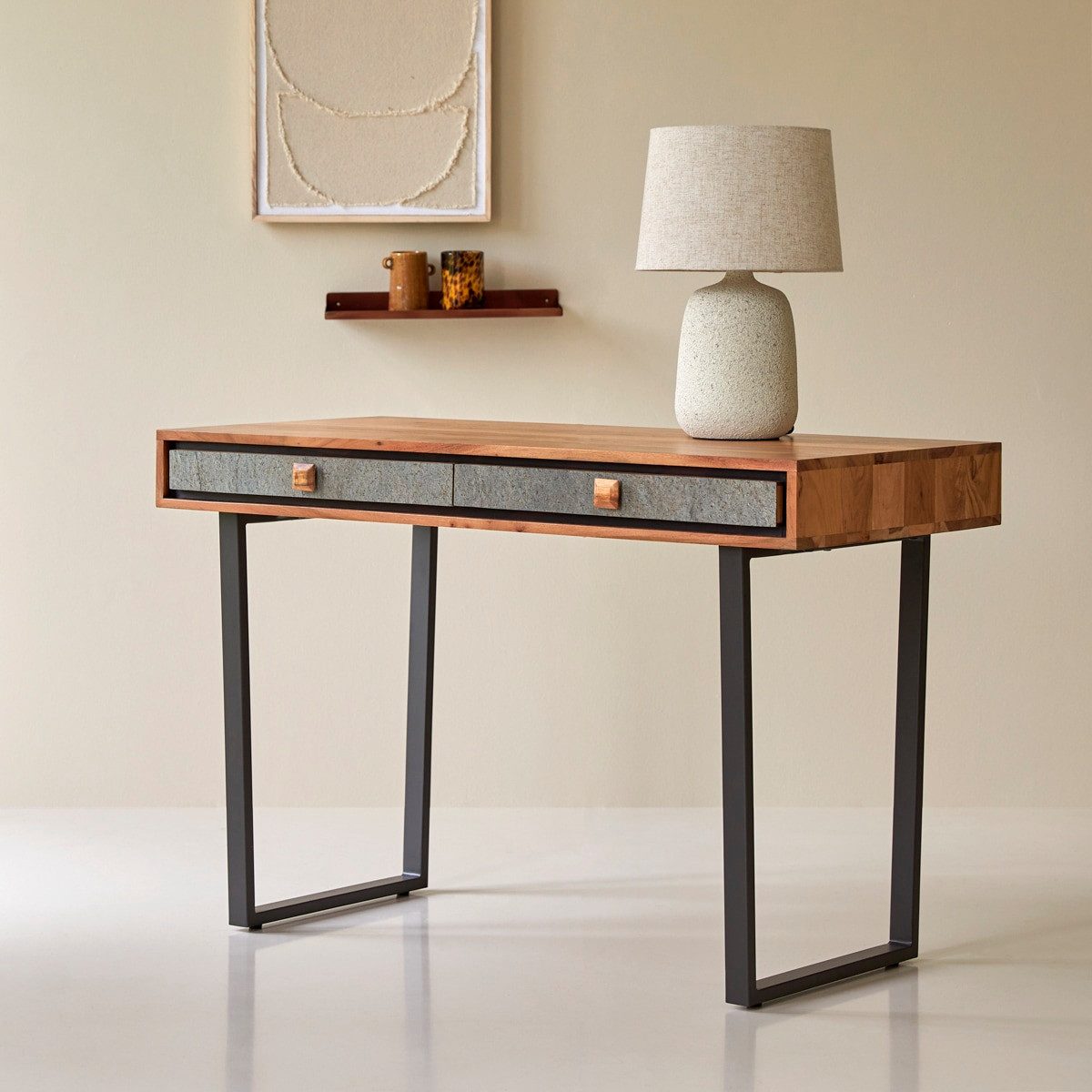 Tikamoon Schreibtisch Schreibtisch Sideboard 115 cm aus Massivem Akazienholz und Steinfassad