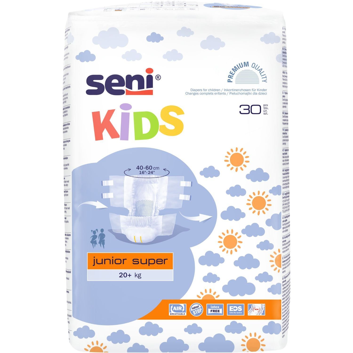 TZMO Deutschland GmbH Inkontinenzslip SENI Kids Junior Super Inkontinenzslips ab 20 kg 30 Stück (Einzelpackung, 30-St., 1 Packung à 30 Stück) Atmungsaktiv, latexfrei, Nässeindikator, seitlicher Auslaufschutz