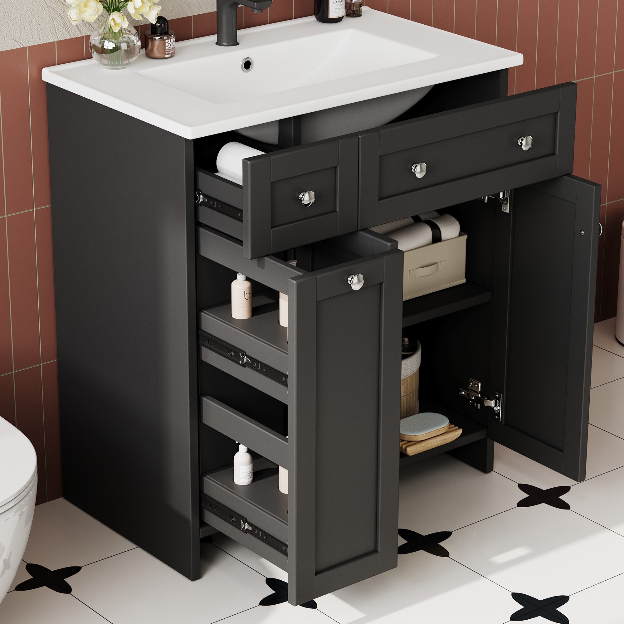 Flieks Waschtisch mit ausziehbarer Ablagen Waschbeckenunterschrank mit Waschbecken (B76/T47/H86 cm, 1-St., bodenstehend, Badschrank Waschplatz Badzimmer, lackierte Oberfläche), Badmöbel-Set Badzimmerschrank mit verstellbarer Einlegeböden Schwarz