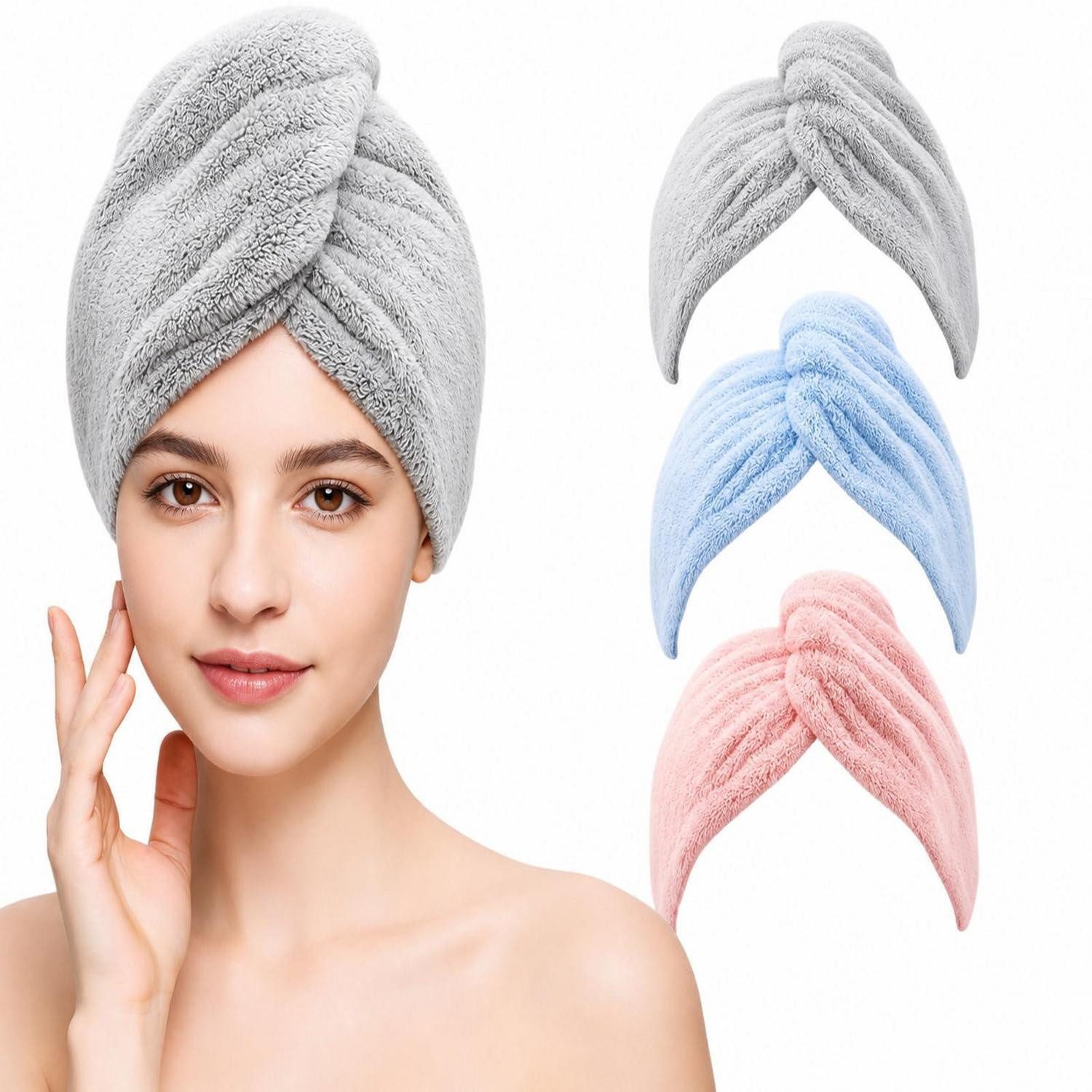 LuxusKollektion Turban-Handtuch Haarturban Mikrofaser Schnell Trocknend mit Knopf, (3-St)