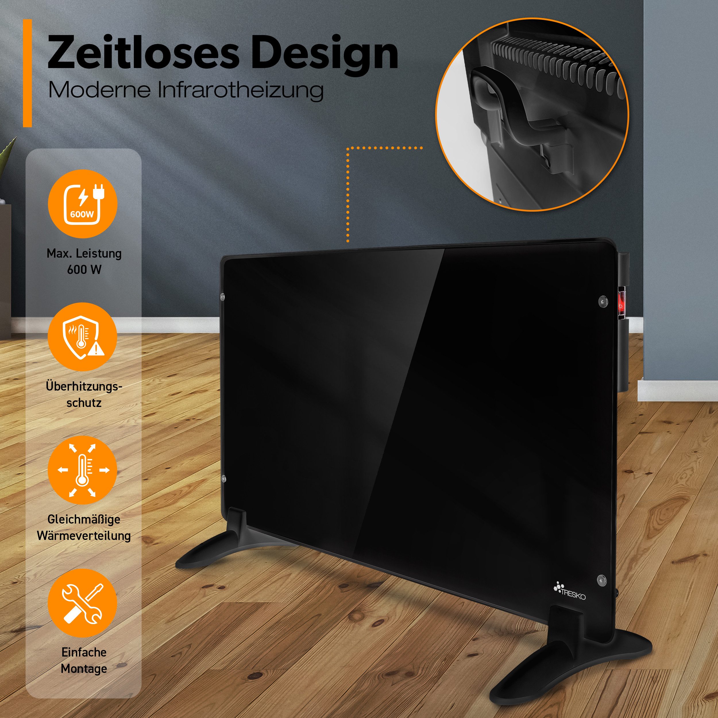 TRESKO Infrarotheizung TRESKO® Elektroheizung Wandheizung Glaskonvektor Heizkörper Wand, Infrarot