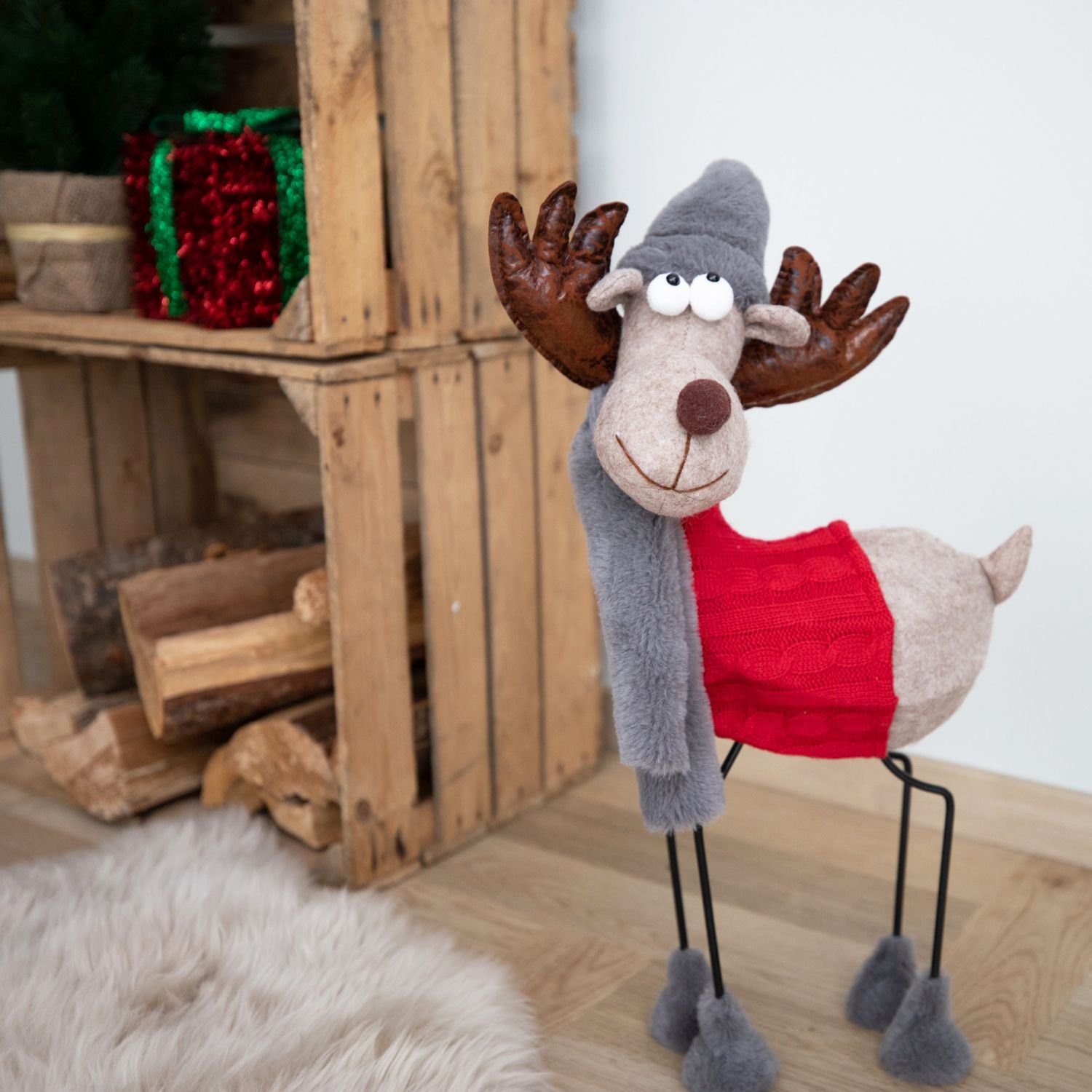 Dekofigur Weihnachts-Rentier mit Wackelkörper 55cm Weihnachtsdeko Winterdeko Tis