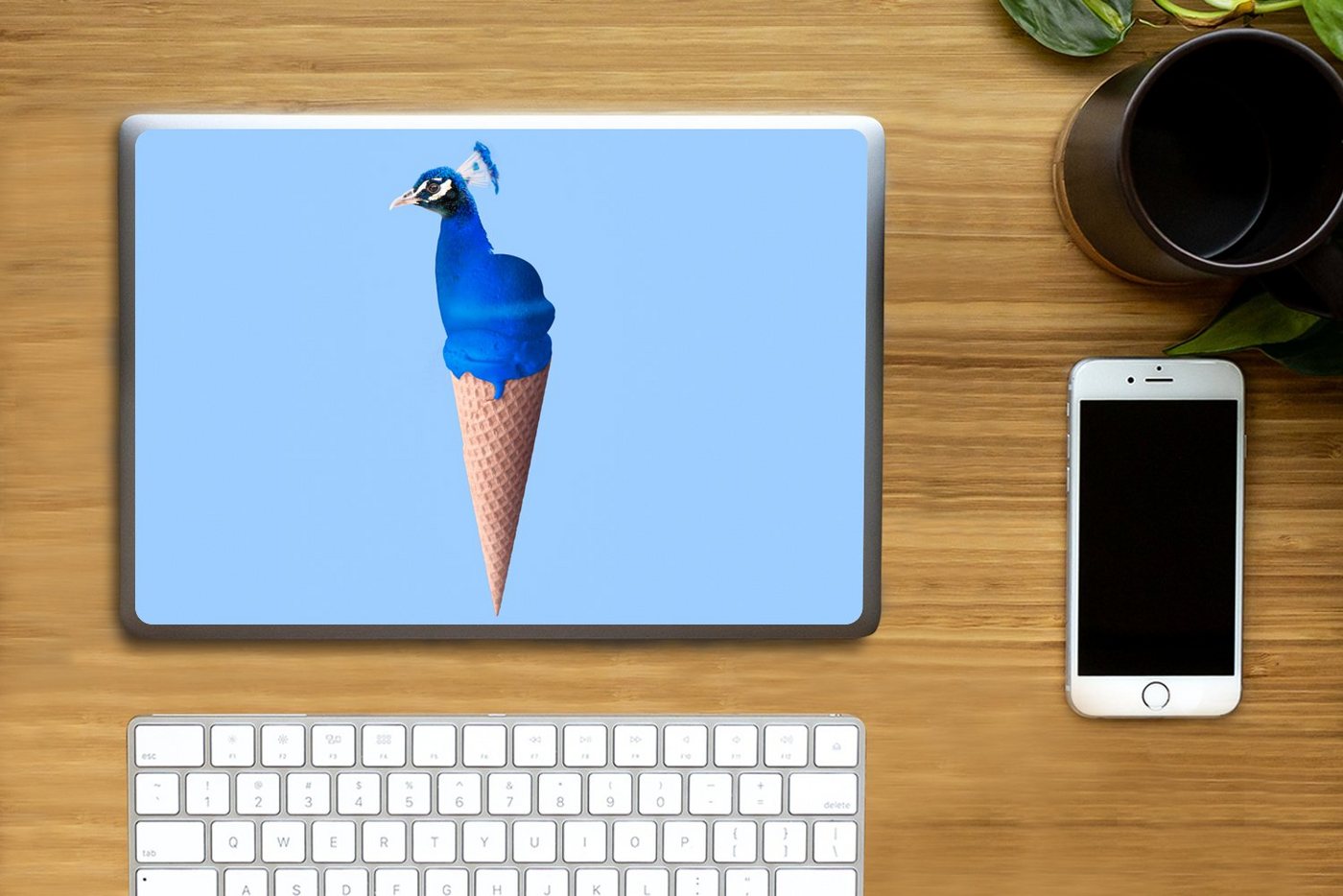 Thumbnail - MuchoWow Laptop-Aufkleber Pfau - Eistüte - Eiscreme - Blau - Vogel, (1tlg), Laptop Folien Cover, Aufkleber, Sticker, Sch...