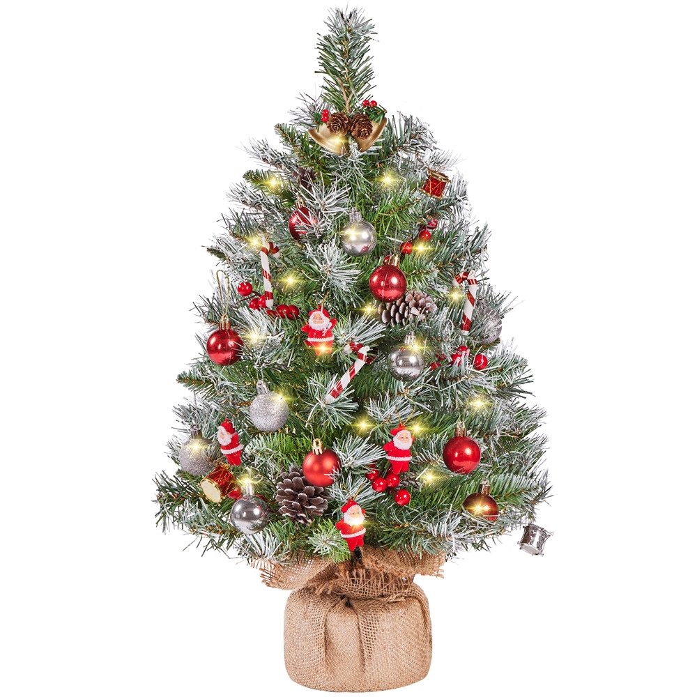 Yaheetech Künstlicher Weihnachtsbaum 61/92 cm (H), Tannenbaum mit Roten Beeren & LED-Lichtern & Tannenzapfen