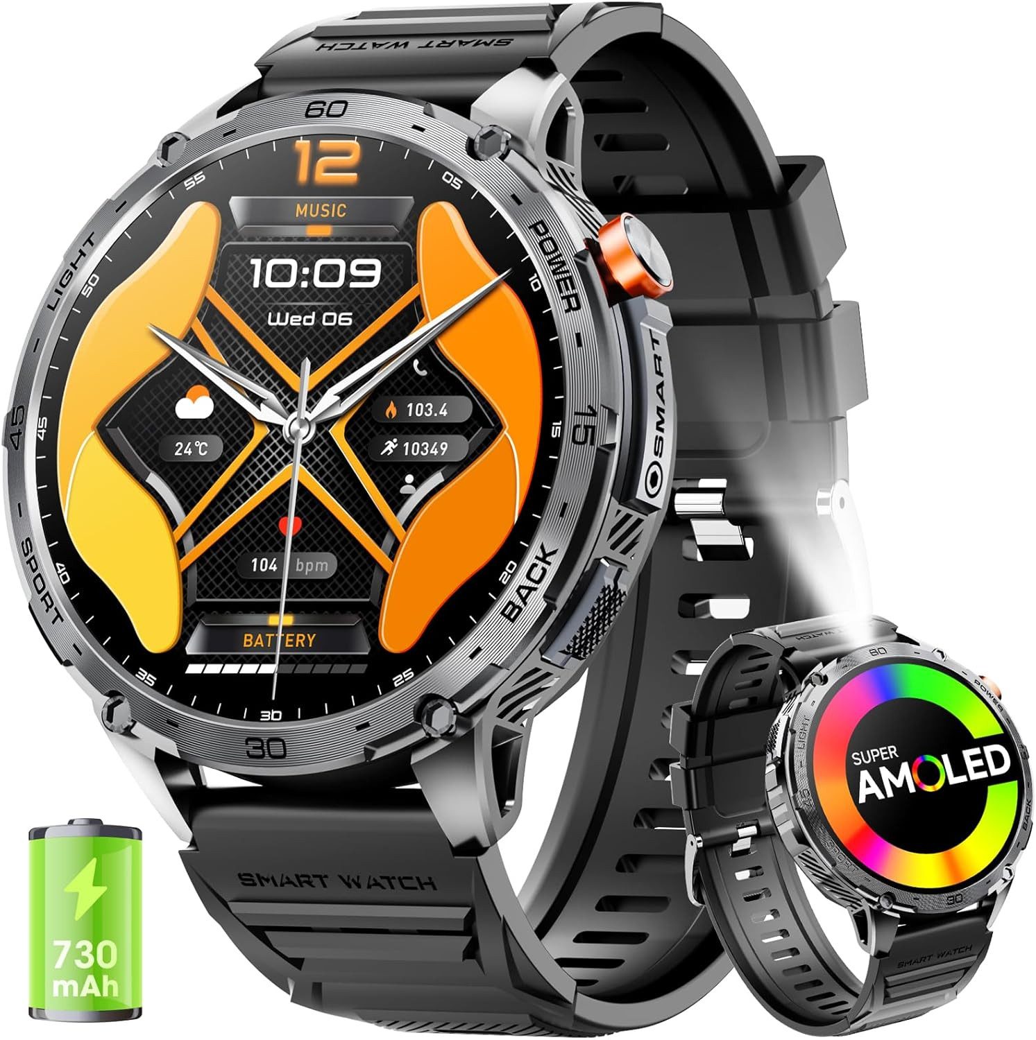 mingwear Smartwatch (4,6 cm, Android iOS), Smartwatch Herren mit 1,85 Zoll Display, 110 Sportmodi, 730mAh Akku