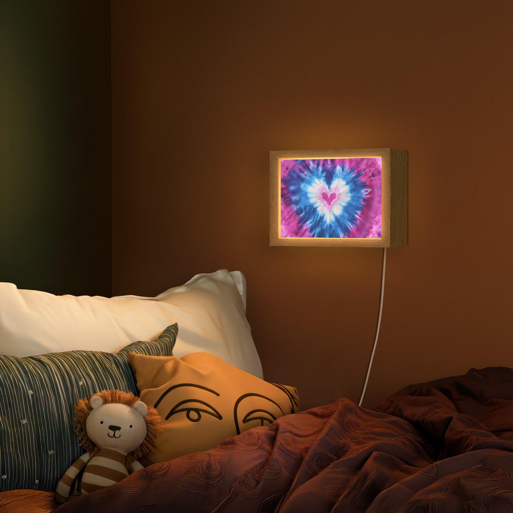OnlyWow Wandleuchte Lightbox Herzförmig - Krawattenfärbung - Lila - Mädchen, Dimmbar, Farbwechsel, LED, Warmweiß, Kaltweiß, Neutralweiß Einstellbar, Wandlampe Innen, Dimmbar, mit Kabel, LED, Modern, Kinder