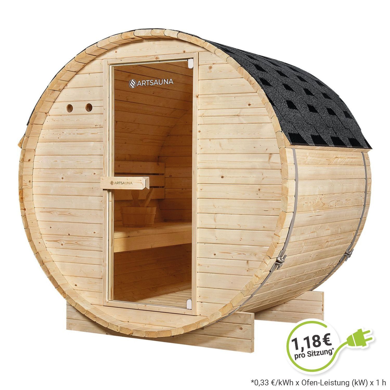 Artsauna Fasssauna Spitzbergen 120, BxTxH: 191 x 120 x 193 cm, für 2 Personen, Fichtenholz, 3,6 kW Elektro-Ofen, Komplett-Set
