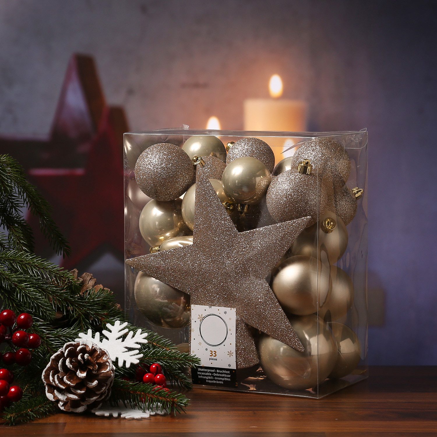 MARELIDA Weihnachtsbaumkugel Christbaumkugeln Weihnachtskugeln mit Stern Baumspitze creme 33St. (33 St)