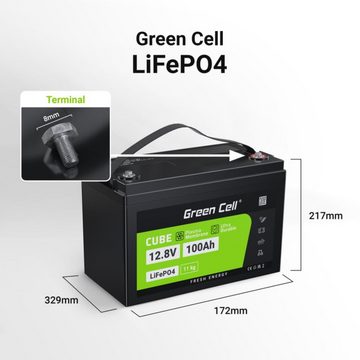 Green Cell LiFePO4 1280 Wh Akku Battery Lithium-Eisen-Phosphat-Akku Batterie, (12.8 V), Kapazität 100Ah, Spannung 12,8V, Spitzenentladestrom 150A