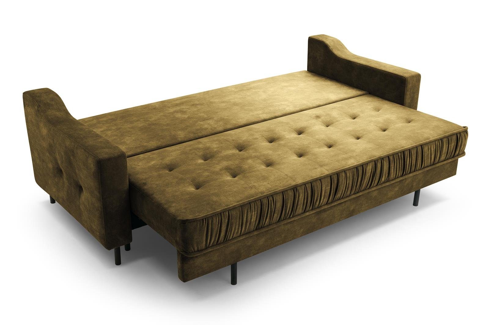 Beautysofa 3-Sitzer ALA, im aus Olive hohe Bettkasten Wohnzimmer, Schlaffunktion Metallbeine, Velours, skandinavisches Stil, Polstersofa 10) mit mit für (palladium und